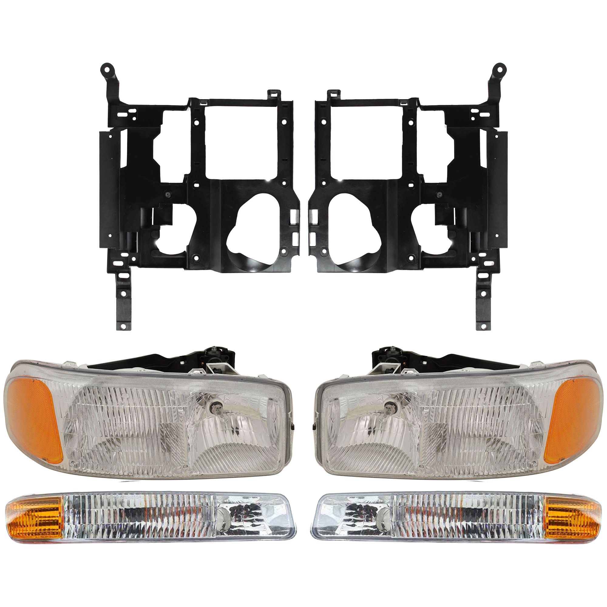 AM SIERRA 1500-2500-99-02 YUKON 00-06 HEAD LAMP RH AND LH Assembly Halogen 6 pc Kit with Headlight Bracket and Parking Light SKU KIT 053100-6 Partslink GM2502188 GM2503188 GM1221122 GM1221121 GM2521174 GM2520174 OEM 15850351-15850352-15798920-157