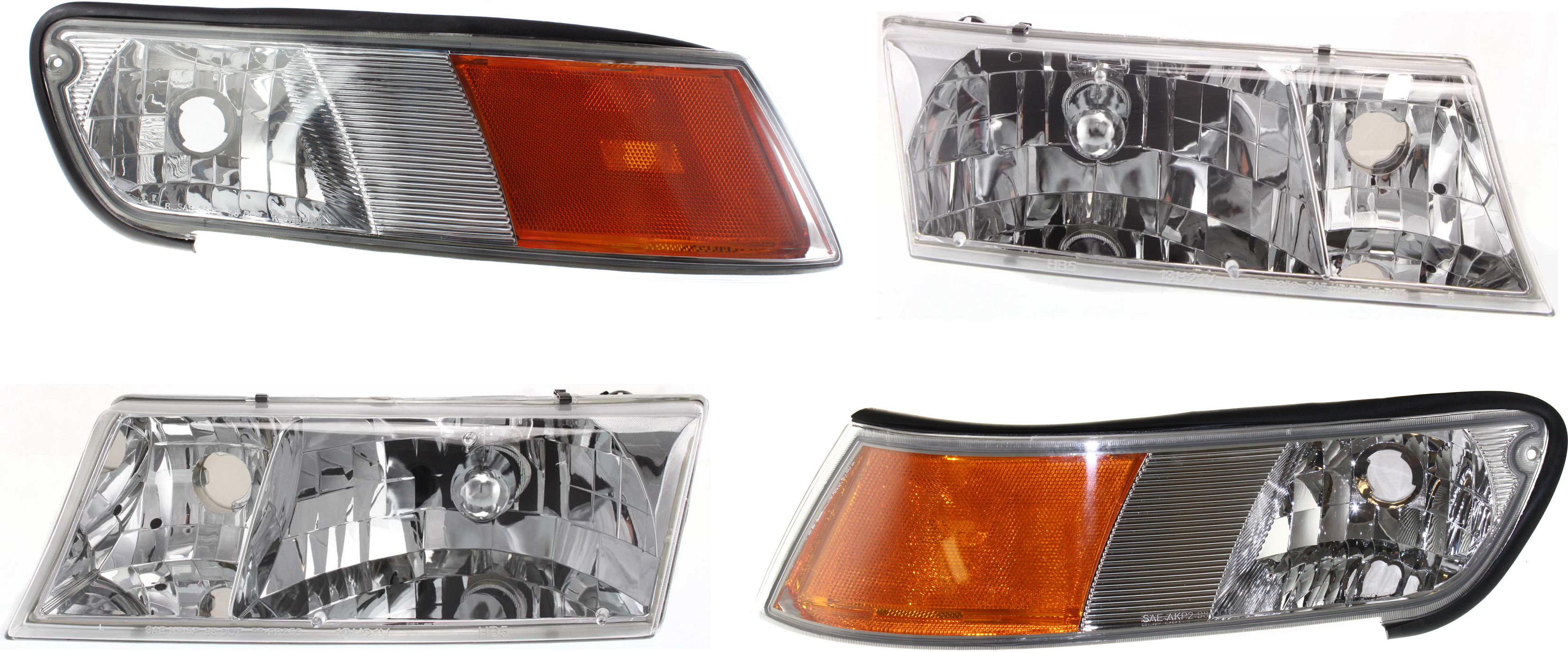 AM GRAND MARQUIS 98-02 HEAD LAMP RH AND LH Assembly Halogen 4 pc Kit with Corner Lights SKU KIT 053100-74 Partslink FO2502149 FO2503149 FO2551124 FO2550124 OEM YW3Z13008CB YW3Z13008BB XW3Z15