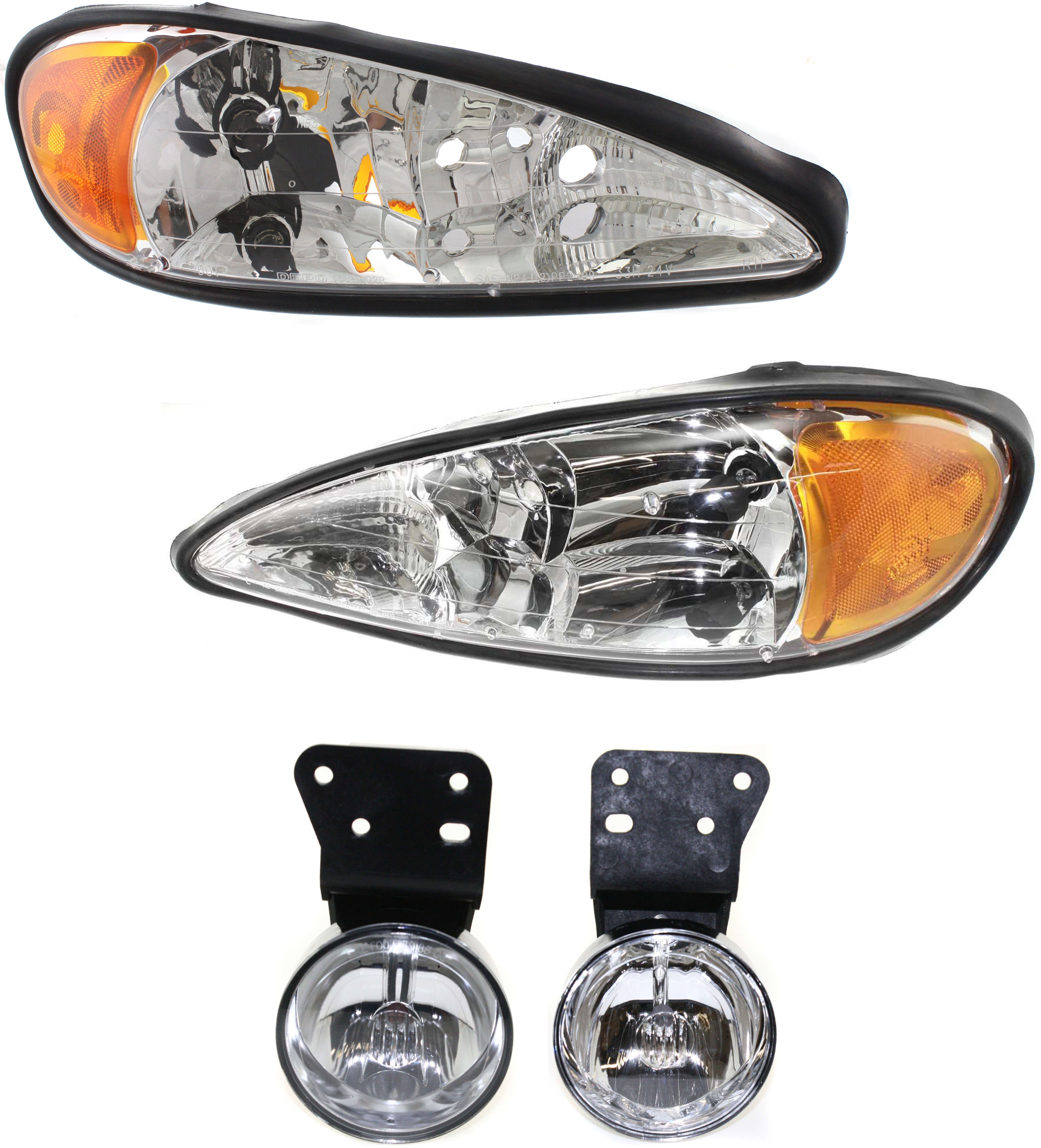 AM GRAND AM 99-05 HEAD LAMP RH AND LH Assembly Halogen 4 pc kit with Fog Lights SKU KIT 053100-76 Partslink GM2502196 GM2503196 GM2593111 GM2592111 OEM 22672207-22672208-22613881-226