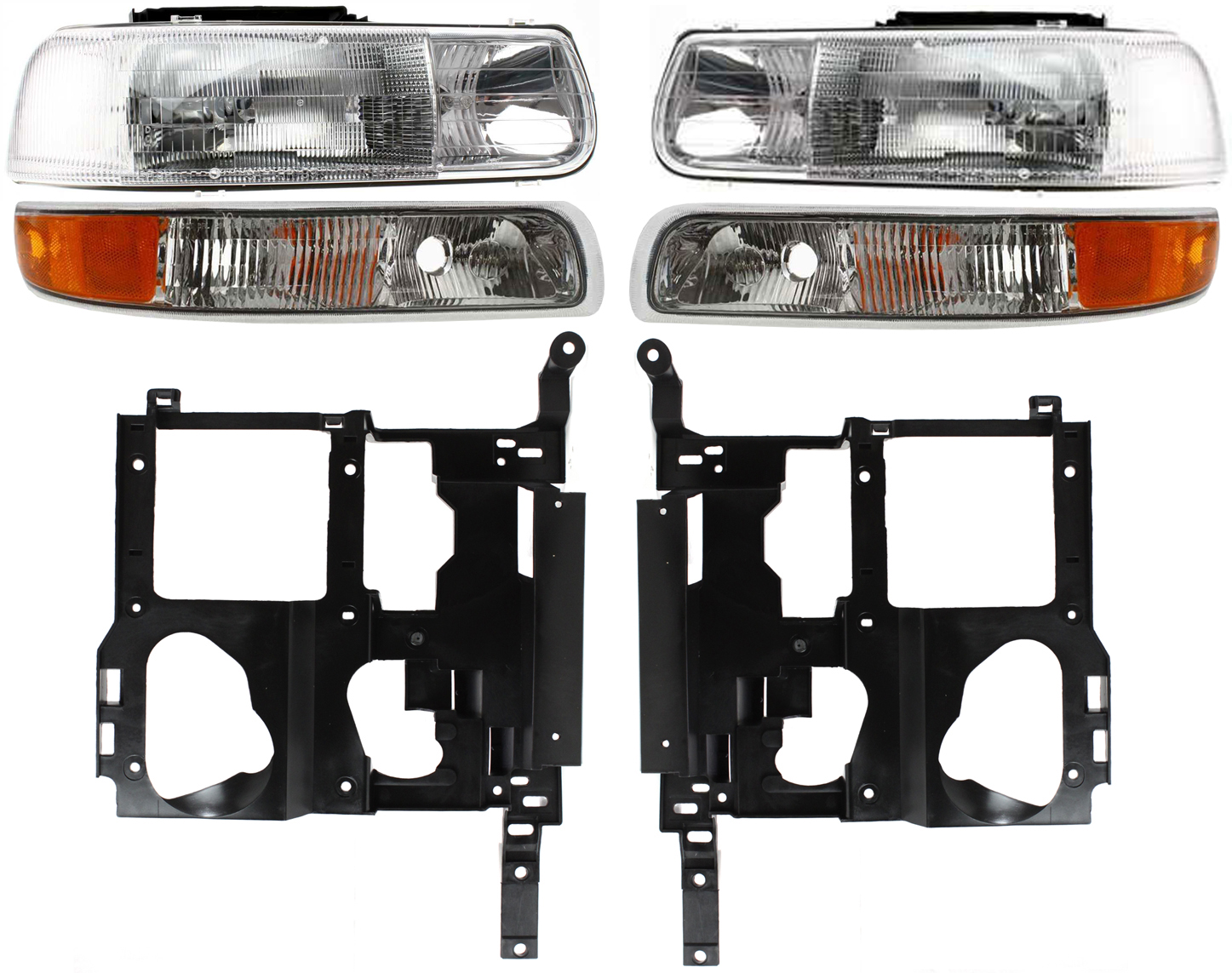 AM SILVERADO 1500-2500-99-02 TAHOE 00-06 HEAD LAMP RH AND LH Assembly Halogen 6 pc Kit with Headlight Housing and Parking Light SKU KIT 053100-7 Partslink GM2502187 GM2503187 GM1221122 GM1221121 GM2521173 GM2520173 OEM 16526133-16526134-15798920-157