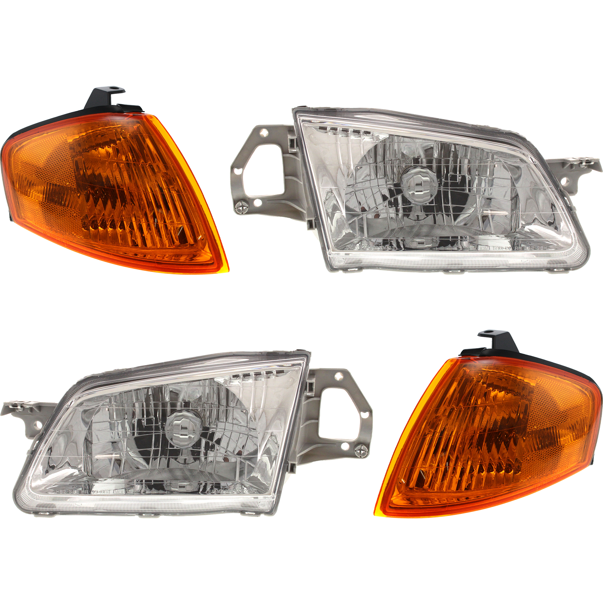 AM PROTEGE 99-00 HEAD LAMP RH AND LH Assembly Halogen 4 pc Kit with Corner Lights SKU KIT 053100-83 Partslink MA2502114 MA2503114 MA2521113 MA2520113 OEM BJ0E51040AP1 BJ0E51030A BJ0E51