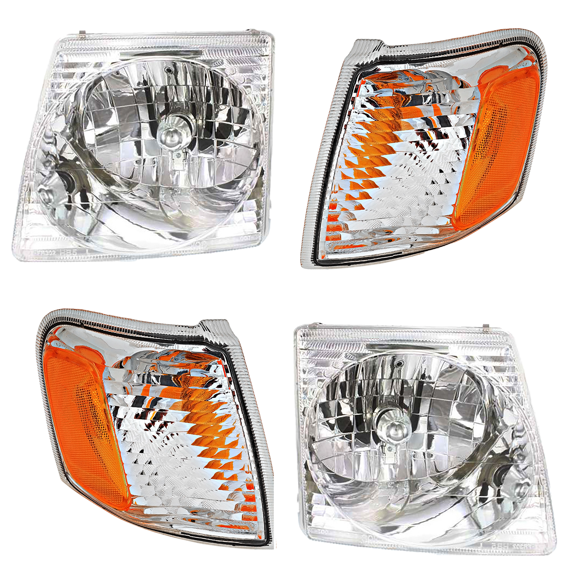 AM EXPLORER SPORT 01-03 EXPLORER SPORT TRAC 01-05 HEAD LAMP RH AND LH Assembly Halogen 4 pc Kit with Corner Lights SKU KIT 053100-87 Partslink FO2502170 FO2503170 FO2521164 FO2520164 OEM 1L5Z13008BA 1L5Z13008AA 1L5Z13