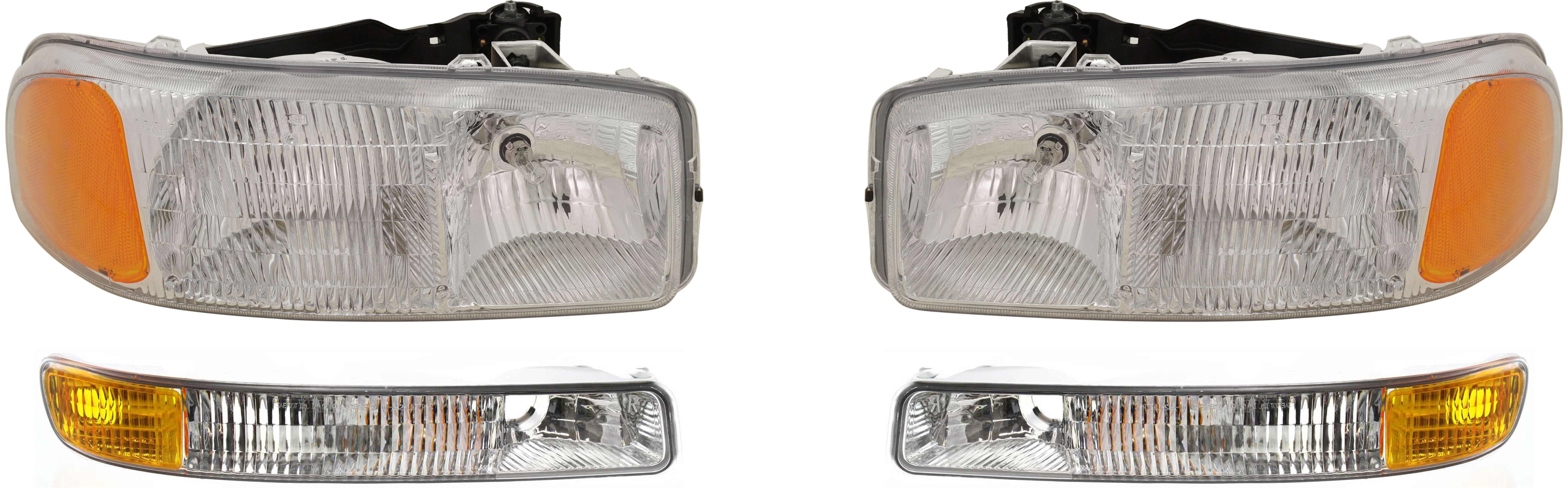 AM SIERRA 99-06 YUKON 00-06 HEAD LAMP RH AND LH 4 pc Kit Assembly with Parking Lights SKU KIT 053100-88 Partslink GM2503188 GM2502188 GM2521174 GM2520174 OEM 15850352-15850351-15199561-151