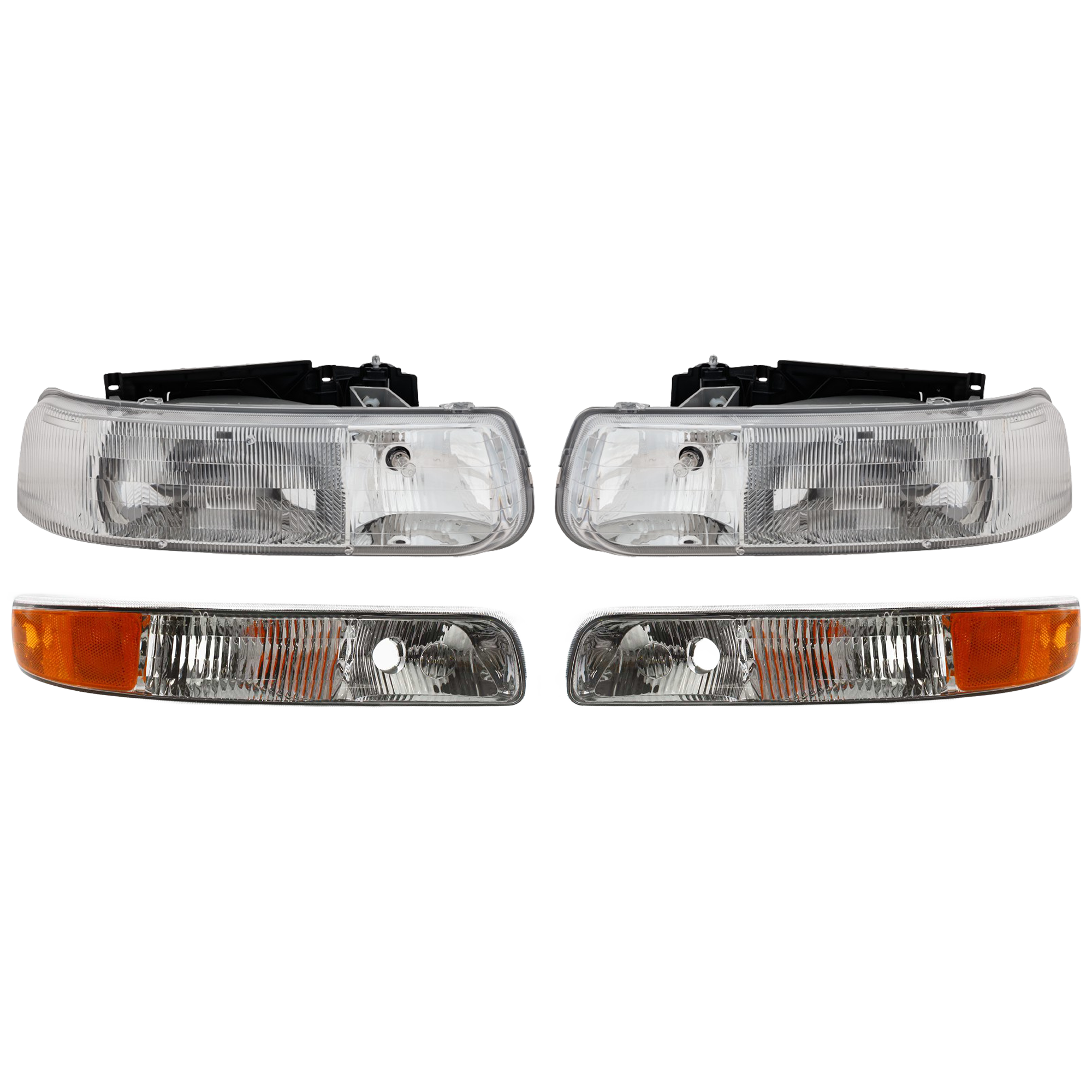 AM SILVERADO 99-02 TAHOE 00-06 HEAD LAMP RH AND LH 4 pc Kit Assembly with Parking Lights SKU KIT 053100-90 Partslink GM2502187 GM2503187 GM2520173 GM2521173 OEM 16526133-16526134-15199558-151