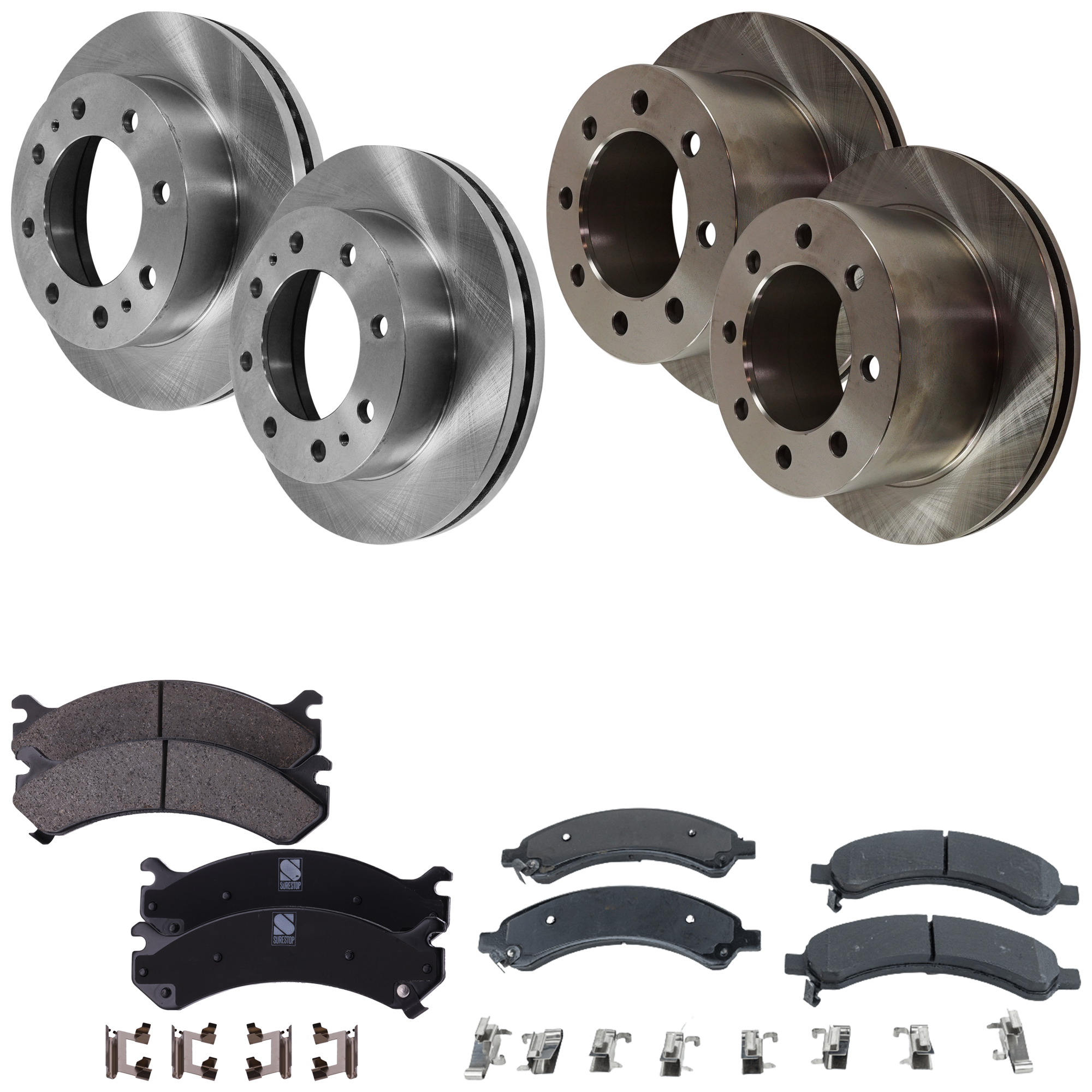 AM EXPRESS 3500-03-04 SAVANA 3500-03-07 FRONT AND REAR BRAKE DISC AND PAD KIT 4 Wheel Set Plain Surface 8 Lugs SKU KIT 053123-03 OEM 15733625-15769474-88982640-180