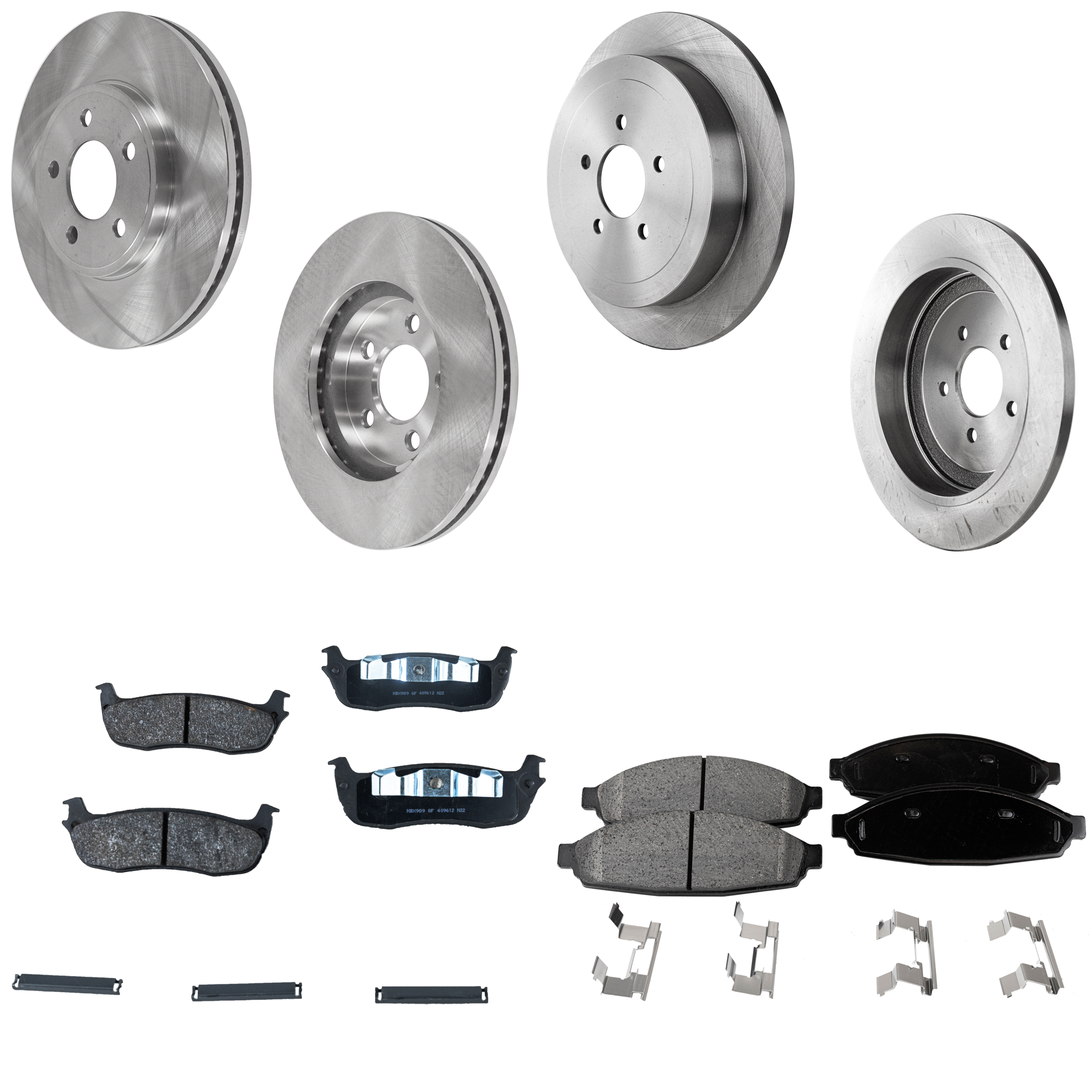 AM TOWN CAR 03-11 FRONT AND REAR BRAKE DISC AND PAD KIT 4 Wheel Set Plain Surface 5 Lugs SKU KIT 053123-06 OEM 3W1Z2C026BA 3W1Z1125AA 3W1Z112