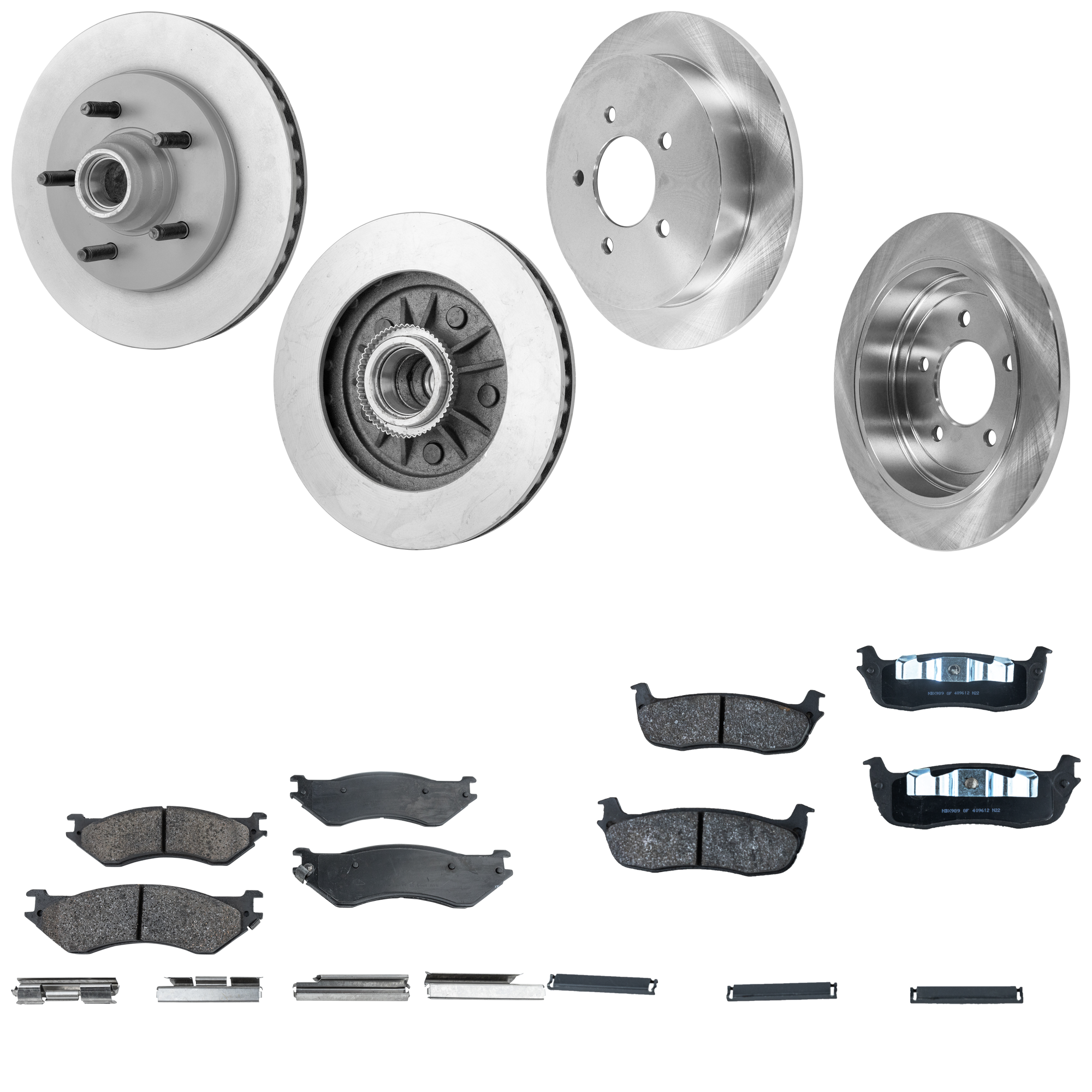AM EXPEDITION 00-02 F 150-00-03NAVIGATOR 01-02 FRONT AND REAR BRAKE DISC AND PAD KIT 4 Wheel Set Plain Surface 5 Lugs SKU KIT 053123-15 OEM YL3Z2C026AA 19686-54091-66984