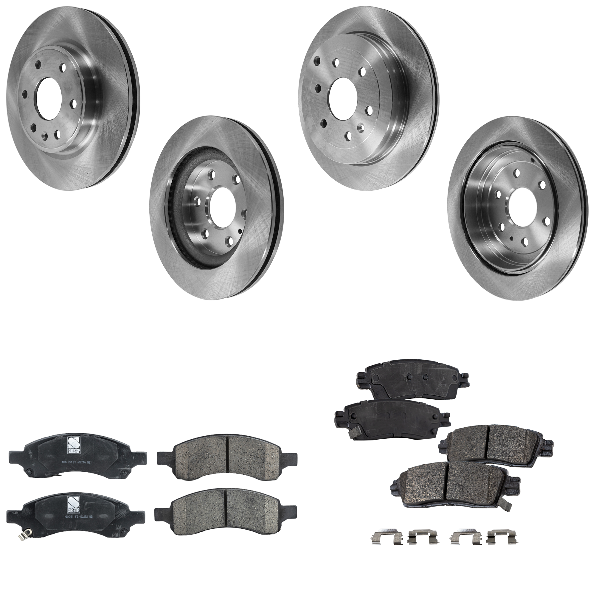 AM OUTLOOK 10-10 ACADIA ENCLAVE TRAVERSE 11-11 FRONT AND REAR BRAKE DISC AND PAD KIT 8 pc Kit Plain Surface 6 Lugs SKU KIT 053123-16 OEM 10390111-25853001-22955495-18A