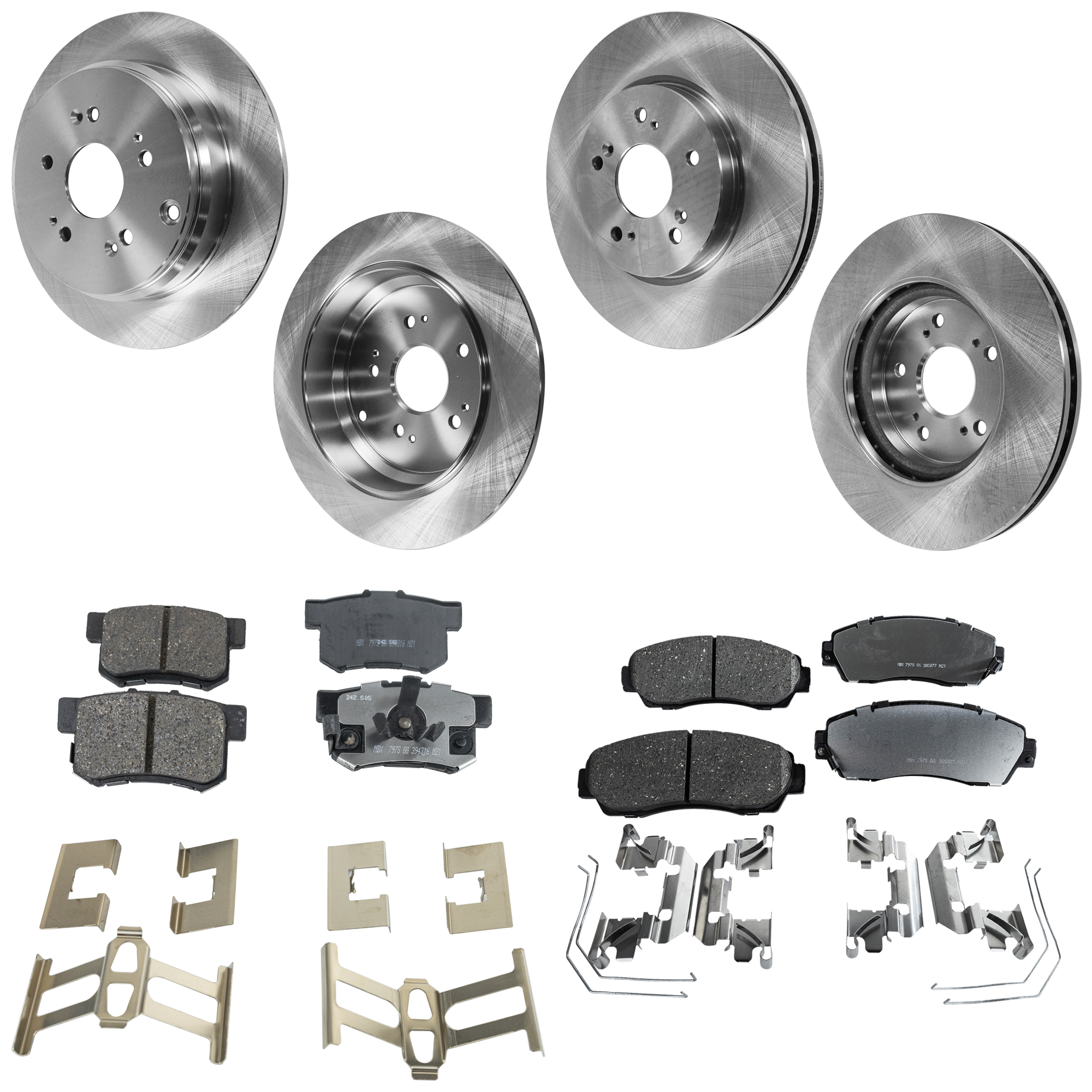 AM CR V 07-16 RDX 10-12 FRONT AND REAR BRAKE DISC AND PAD KIT 4 Wheel Set Plain Surface 5 Lugs SKU KIT 053123-18 OEM 45251SWAA00-45251SWE000-45251S