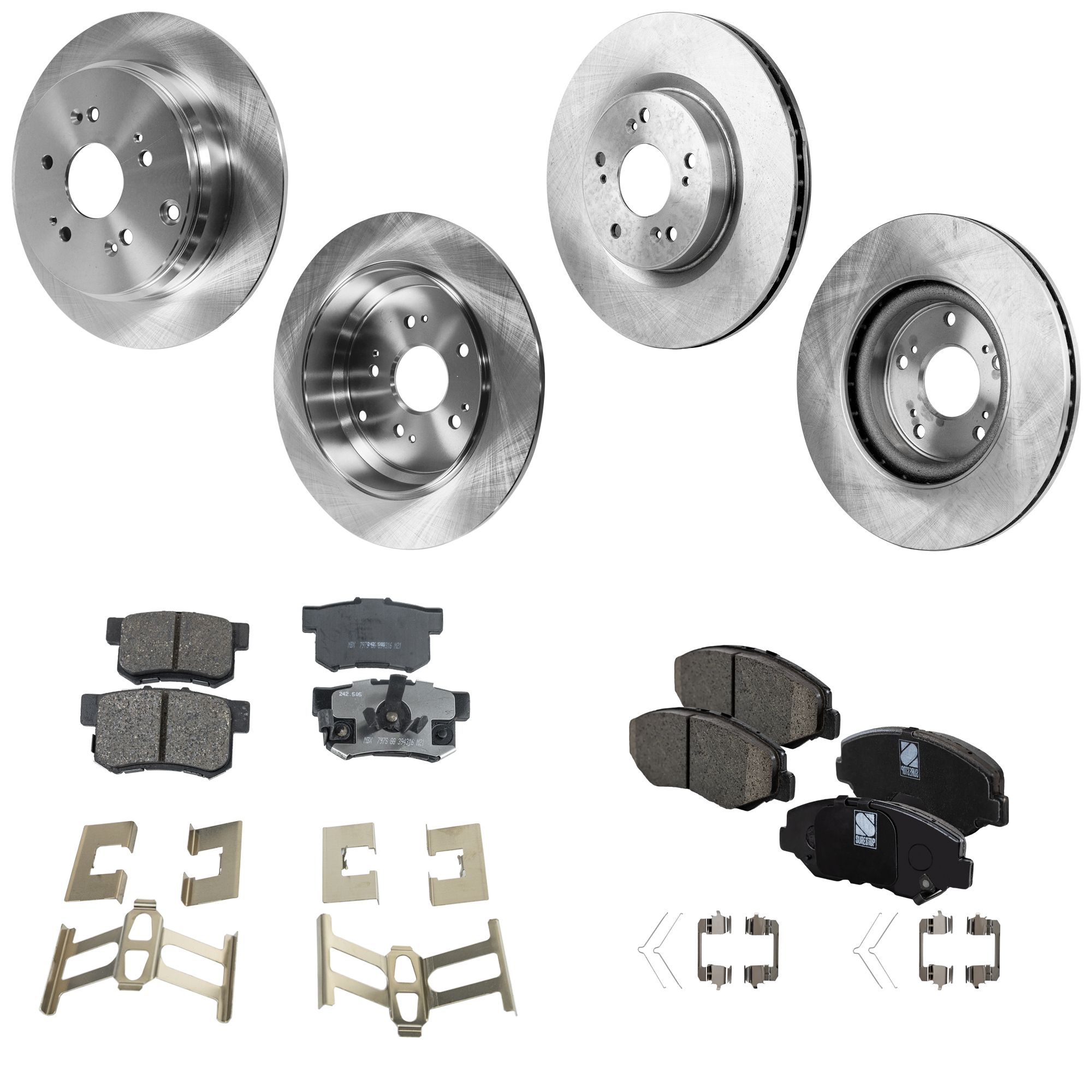 AM CR V 15-16 FRONT AND REAR BRAKE DISC AND PAD KIT 4 Wheel Set Plain Surface 5 Lugs Front Wheel Drive SKU KIT 053123-19 OEM 44758-850370-981040-6005905
