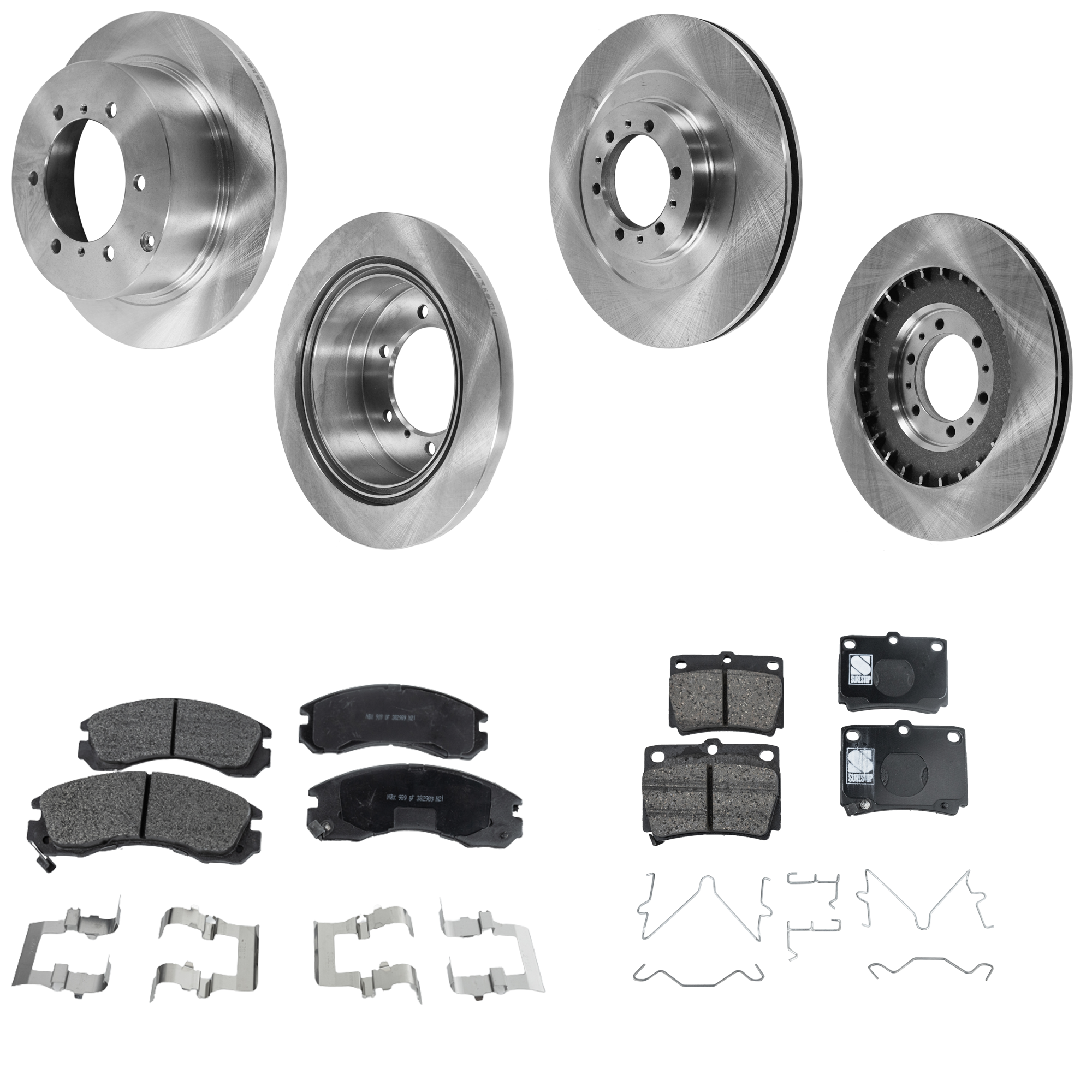 AM MONTERO SPORT 00-04 FRONT AND REAR BRAKE DISC AND PAD KIT 4 Wheel Set Plain Surface 6 Lugs SKU KIT 053123-37 OEM MB699716 MB618797 MR307415 MR3