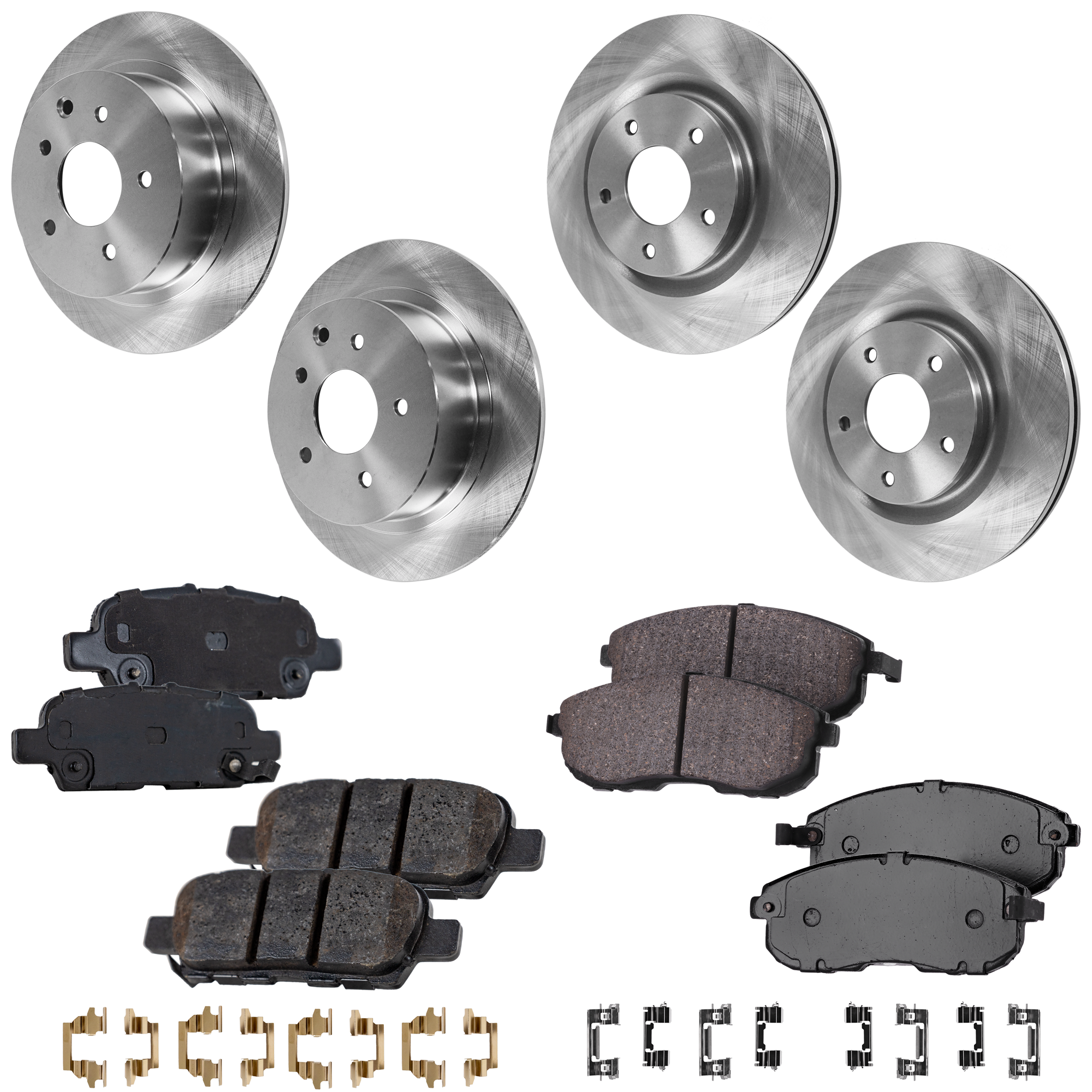 AM JUKE 11-17 SENTRA 17-19 FRONT AND REAR BRAKE DISC AND PAD KIT 4 Wheel Set Plain Surface 5 Lugs SKU KIT 053123-38 OEM 31569-44720-850241-900958