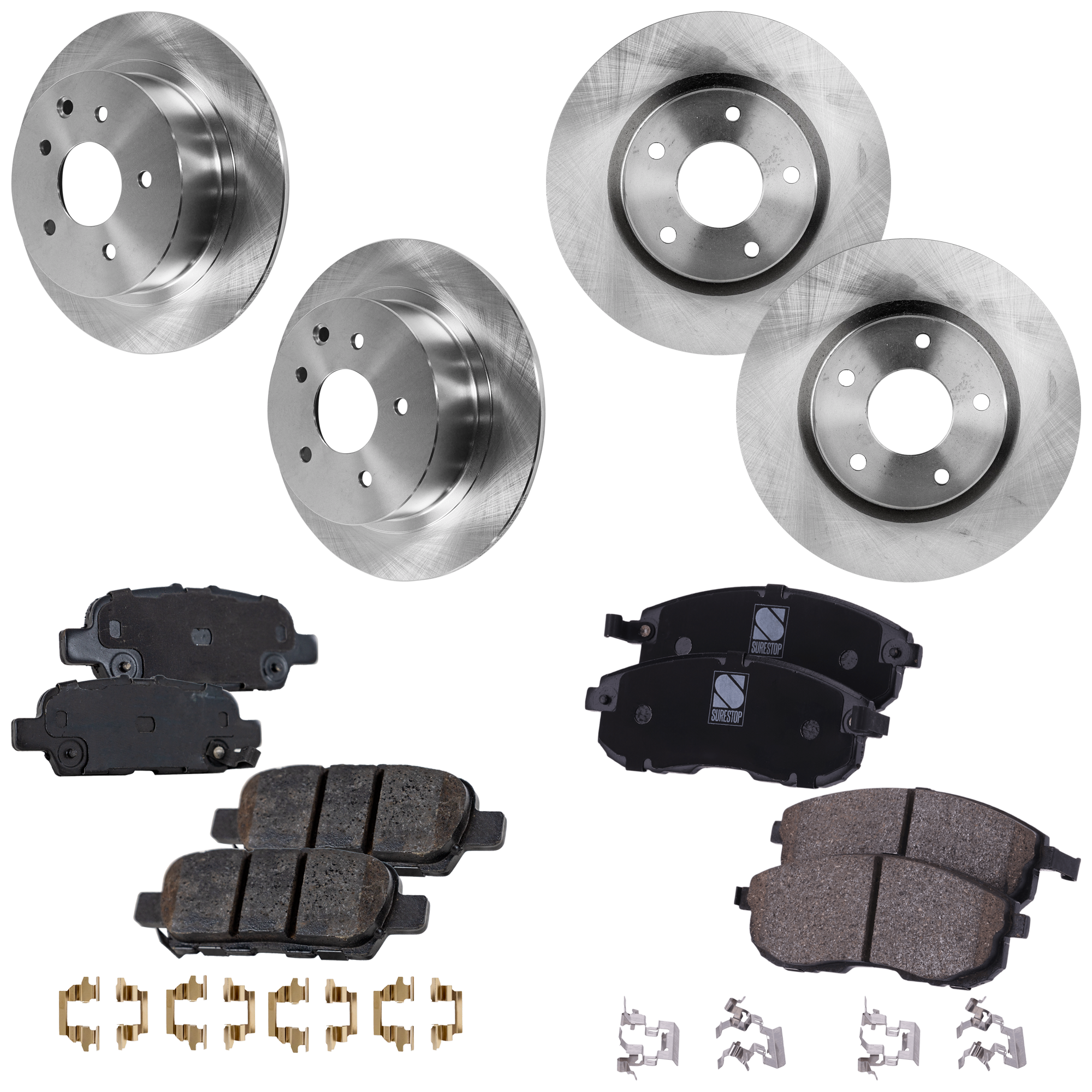 AM SENTRA 13-19 FRONT AND REAR BRAKE DISC AND PAD KIT 4 Wheel Set Plain Surface 5 Lugs SKU KIT 053123-40 OEM 44767-0833547-850374-600670