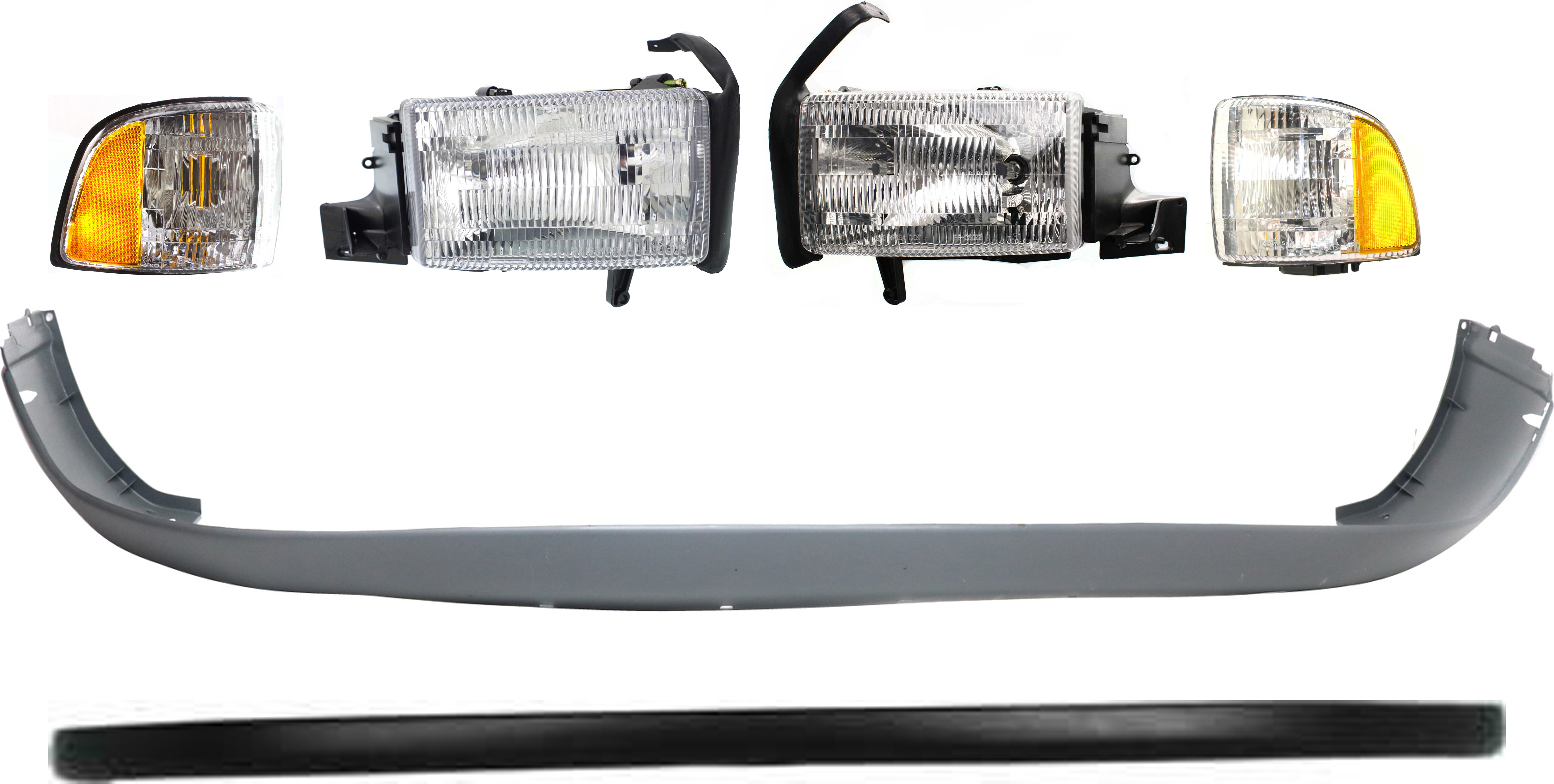 AM DODGE FULL SIZE PICKUP 94-02 HEAD LAMP RH AND LH Assembly Halogen 6 pc Kit with Bumper Covers and Corner Lights SKU KIT 060117-68 Partslink CH1000232 CH1000160 CH2520119 CH2521119 OEM 55054780AH PFM 55054781AF PFM