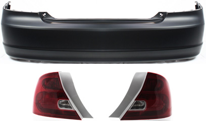 AM CIVIC 01-03 REAR BUMPER COVER 3 pc kit with Tail Lights Coupe SKU KIT 060217-16 Partslink HO1100199 HO2801134 HO2800134 OEM 04715S5PA90ZZ 33501S5PA01-3355