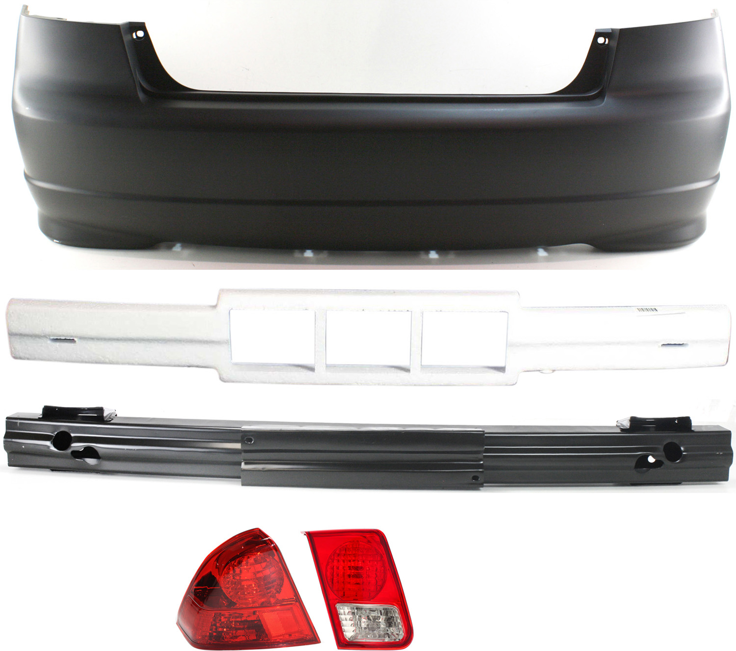 AM CIVIC 04-05 TAIL LIGHT LH Inner and Outer 5 pc kit with Bumper Absorber Bumper Cover and Bumper Reinforcement SKU KIT 060217-30 Partslink HO2800152 HO2800153 HO1170124 HO1170133 HO1100217 HO1106156 OEM 33551S5BA01-34156S5BA01-71570S