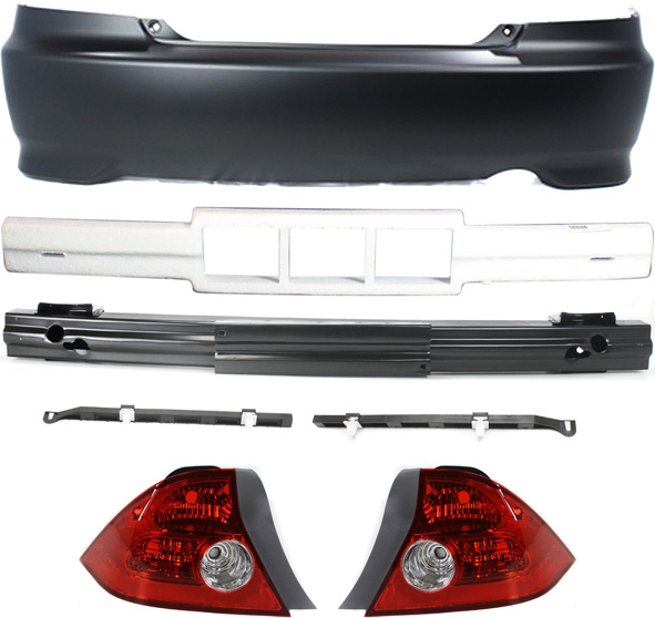 AM CIVIC 04-05 REAR BUMPER COVER 7 pc Kit with Bumper Absorber Bumper Reinforcement Bumper Brackets and Tail Lights SKU KIT 060217-64 Partslink HO1100216 HO1170124 HO1170133 HO1143101 HO1142101 HO1106156 HO2801155 HO2800155 OEM 04715S5PA91ZZ 71570S5DA01-7157