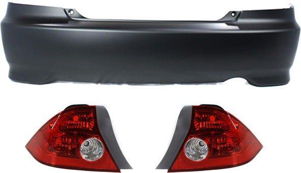 AM CIVIC 04-05 REAR BUMPER COVER 3 pc Kit with Tail Lights Coupe SKU KIT 060217-74 Partslink HO1100216 HO2801155 HO2800155 OEM 04715S5PA91ZZ 33501S5PA11-3355