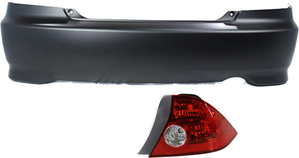AM CIVIC 04-05 REAR BUMPER COVER 2 pc Kit with Tail Lights Coupe SKU KIT 060217-75 Partslink HO1100216 HO2801155 OEM 04715S5PA91ZZ 33501S5PA11