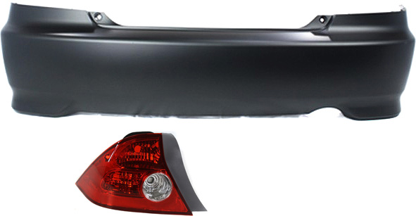 AM CIVIC 04-05 REAR BUMPER COVER 2 pc Kit with Tail Lights Coupe SKU KIT 060217-76 Partslink HO1100216 HO2800155 OEM 04715S5PA91ZZ 33551S5PA11