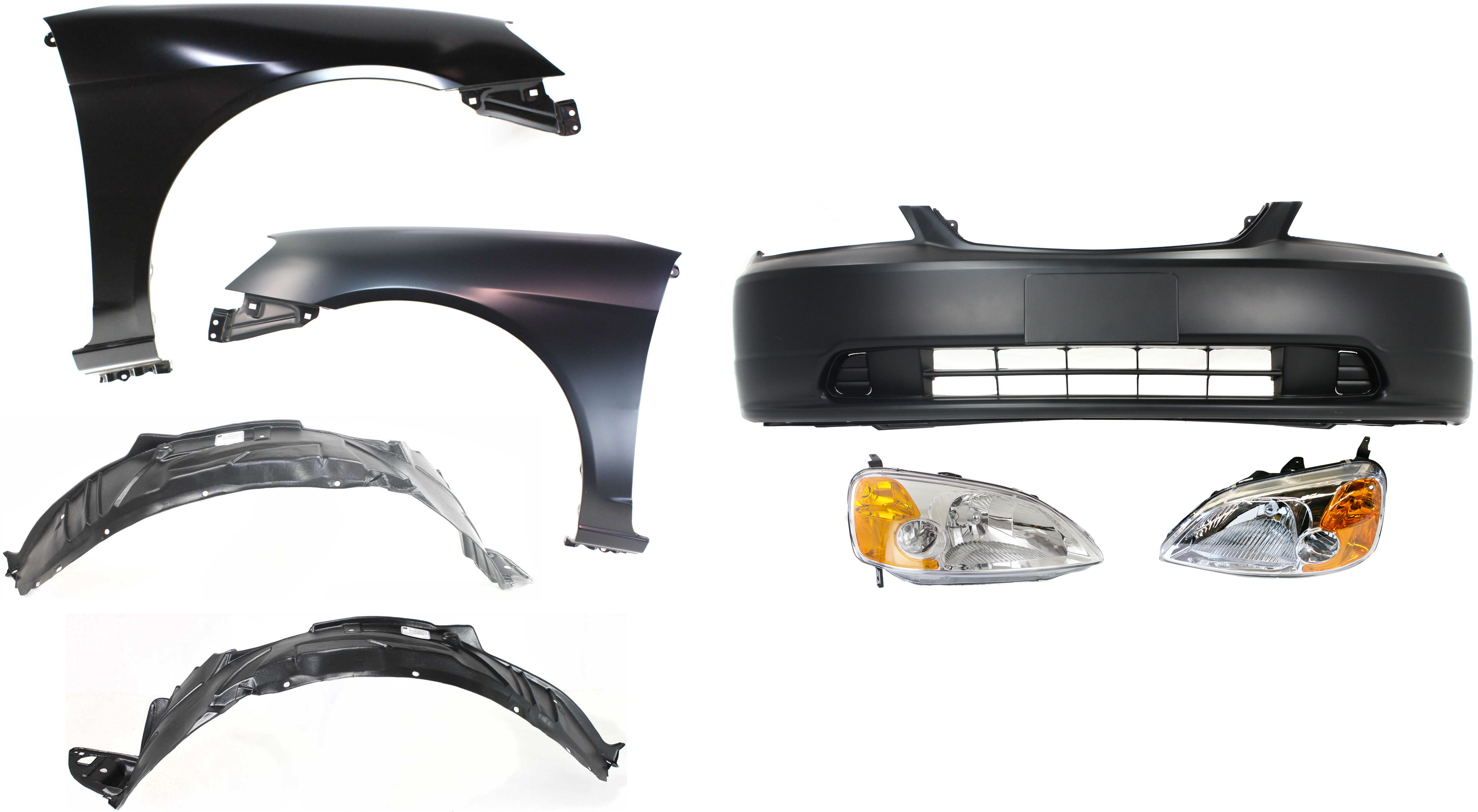AM CIVIC 01-03 HEAD LAMP RH AND LH Lens and Housing Halogen 7 pc Kit with Bumper Cover Fender Liners and Fenders SKU KIT 060217-86 Partslink HO2518102 HO2519102 HO1000197 HO1241153 HO1240153 HO1249109 HO1248109 OEM 33151S5PA01-33101S5PA01-04711S