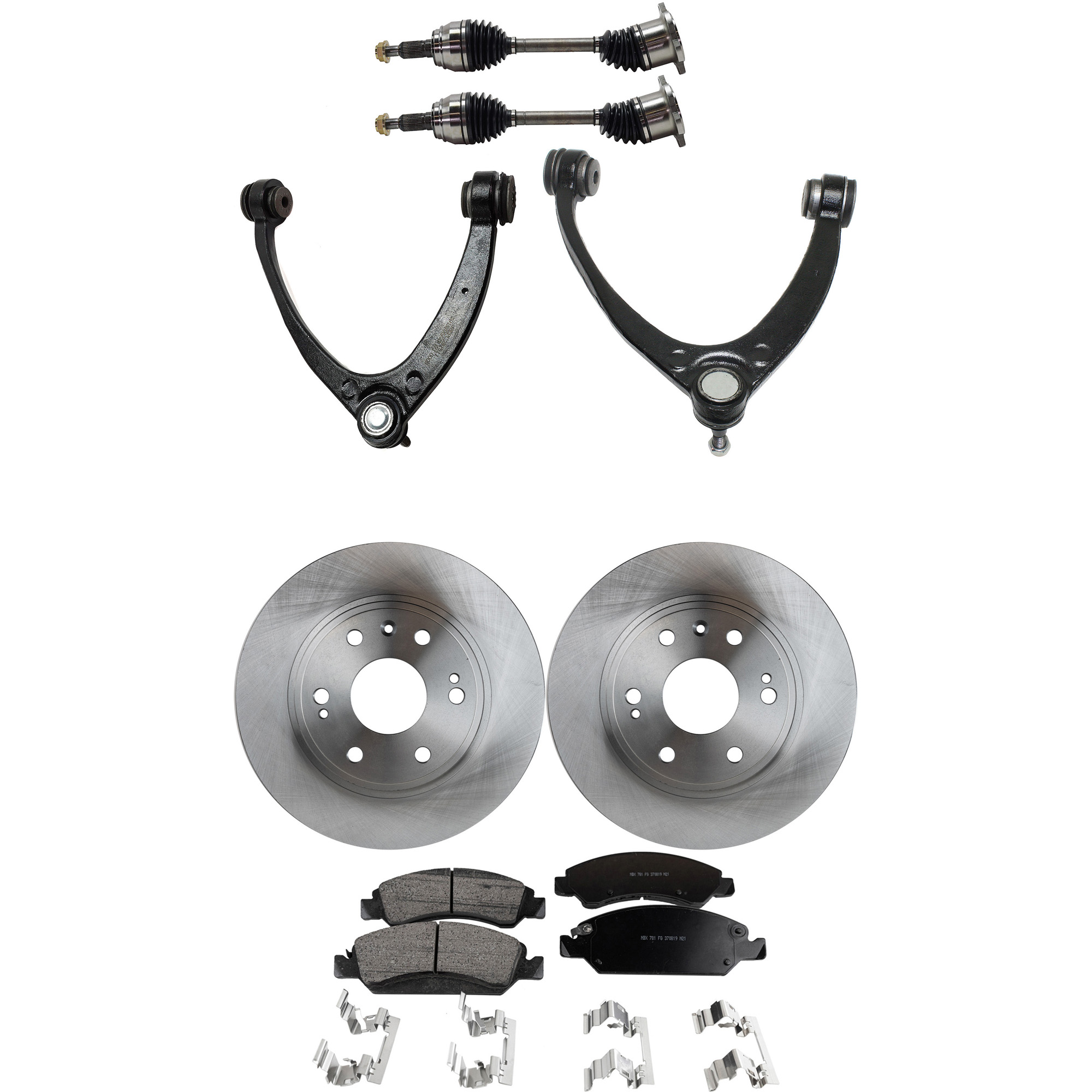AM SILVERADO SIERRA 1500-07-13 FRONT CV AXLE ASSEMBLY RH AND LH 8 pc Kit with Brake Disc Brake Pad Set and Control Arm SKU KIT 060222-083 OEM 88963556-19257667-22742382-231