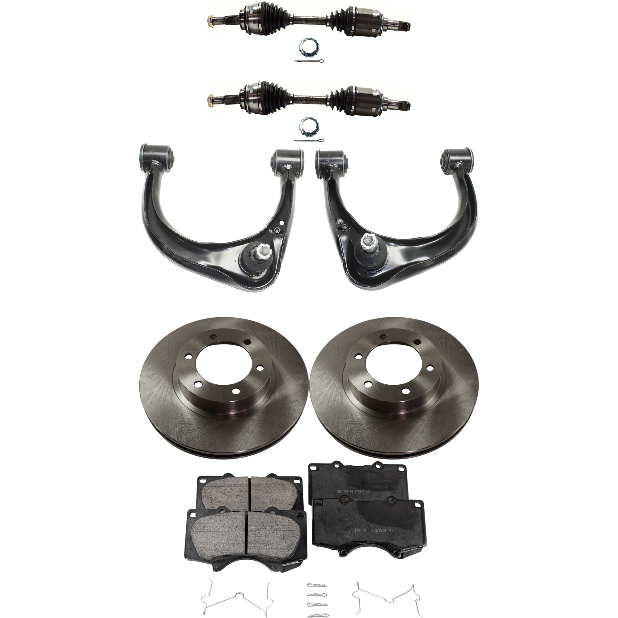 AM 4RUNNER GX470-03-09 FRONT CV AXLE ASSEMBLY RH AND LH 8 pc kit with Brake Disc Brake Pad Set and Control Arms SKU KIT 060222-123 OEM 4351260150-4351260151-04465040