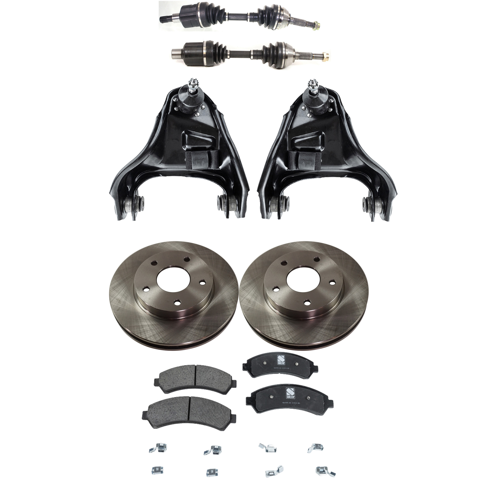 AM BLAZER 98-05 S10 SONOMA 98-04 FRONT CV AXLE ASSEMBLY RH AND LH 8 pc kit with Brake Discs Brake Pad Set and Control Arms SKU KIT 060222-147 Partslink GM4512100 GM4513100 OEM 15733699-18029791-18029863-180