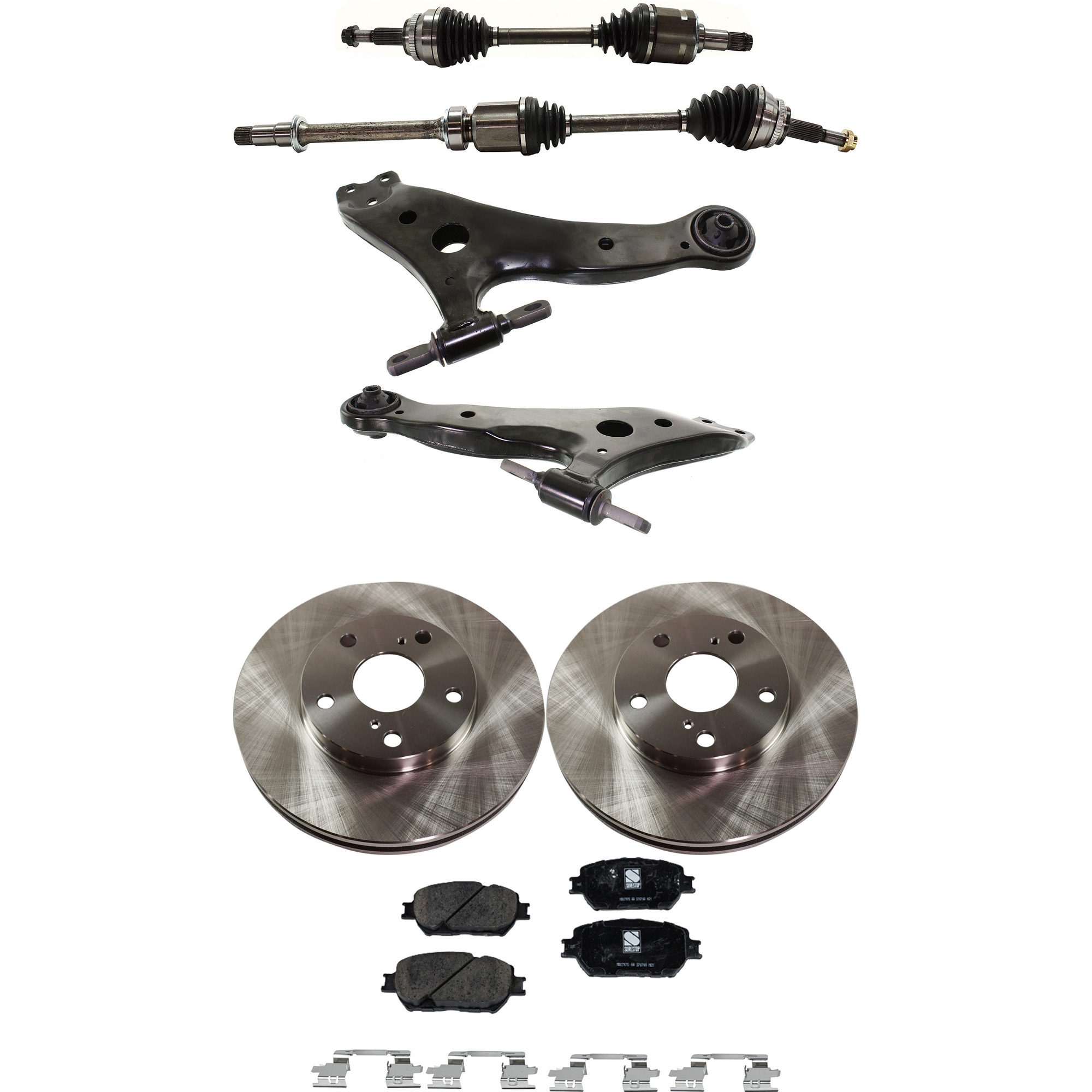 AM CAMRY 02-06 FRONT CV AXLE ASSEMBLY RH AND LH 7 pc kit with Brake Discs Brake Pad Set and Control Arms SKU KIT 060222-168 OEM 4351230000000000000000000000