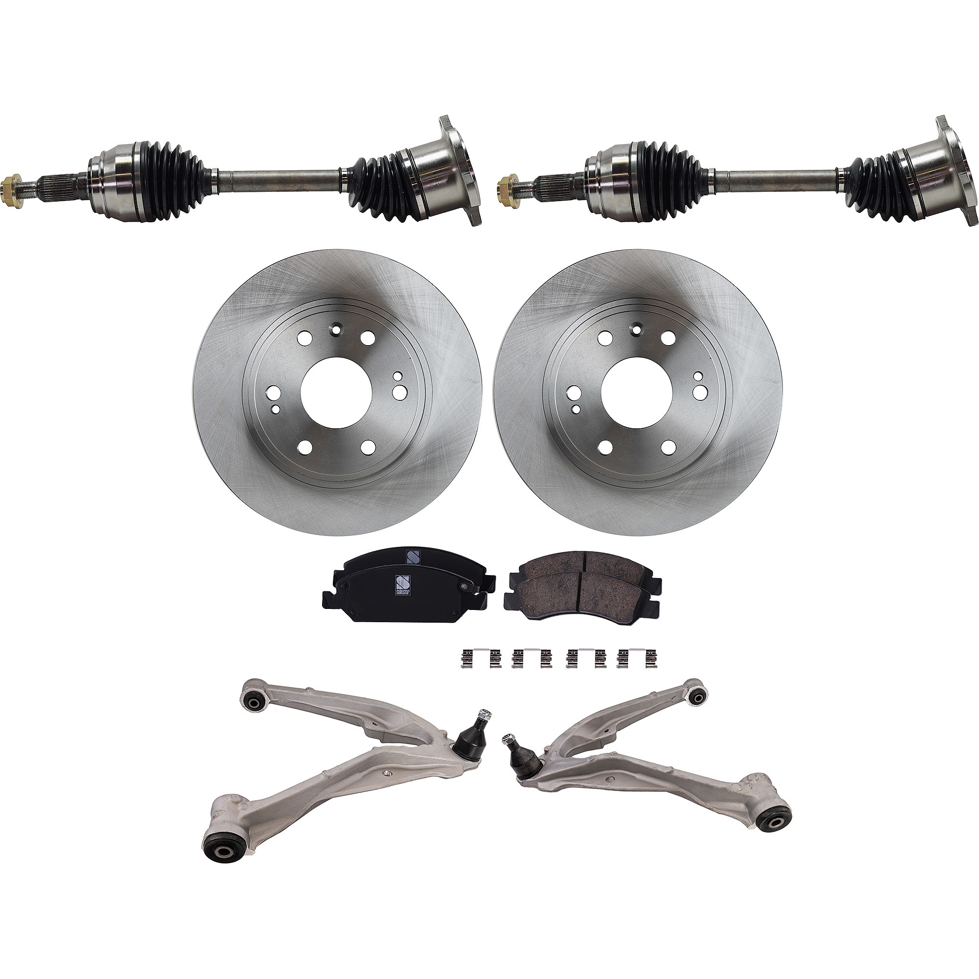AM SIERRA SILVERADO 1500-07-13 TAHOE YUKON 08-14 FRONT CONTROL ARM KIT RH AND LH Lower 7 pc Kit with Axle Assemblies Brake Discs and Brake Pad Set SKU KIT 060222-258 OEM 88963556-19257667-22742382-231