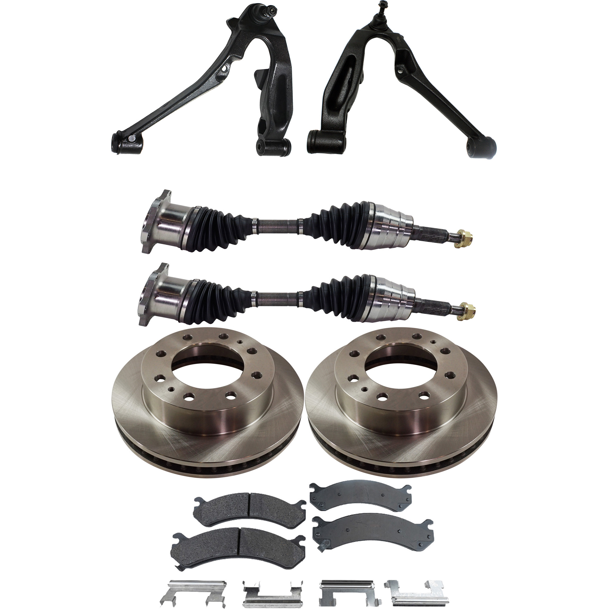 AM SILVERADO SIERRA 99-07 FRONT CONTROL ARM KIT RH AND LH Lower 8 pc kit with Axle Assembly Brake Discs Brake Pad Set and Control Arms SKU KIT 060222-264 OEM 18060654-18026219-18042334-180
