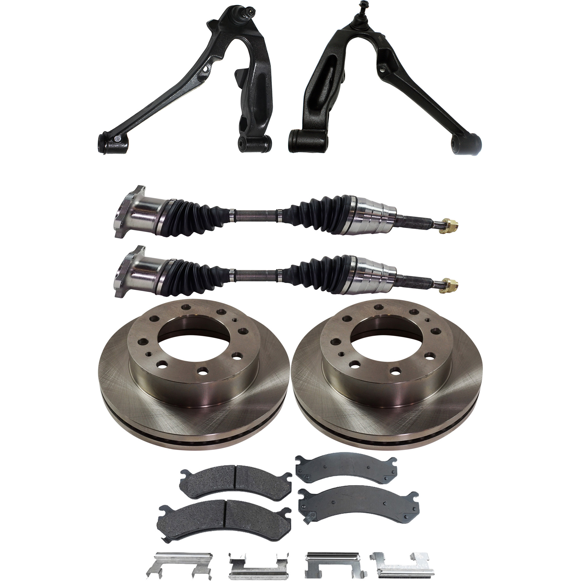 AM SILVERADO SIERRA 2500-3500 HD 01-10 FRONT CONTROL ARM KIT RH AND LH Lower with Ball Joint 7 pc kit with Axle Assembly Brake Discs Brake Pad Set and Control Arms SKU KIT 060222-266 OEM 15733625-18026219-18042334-180