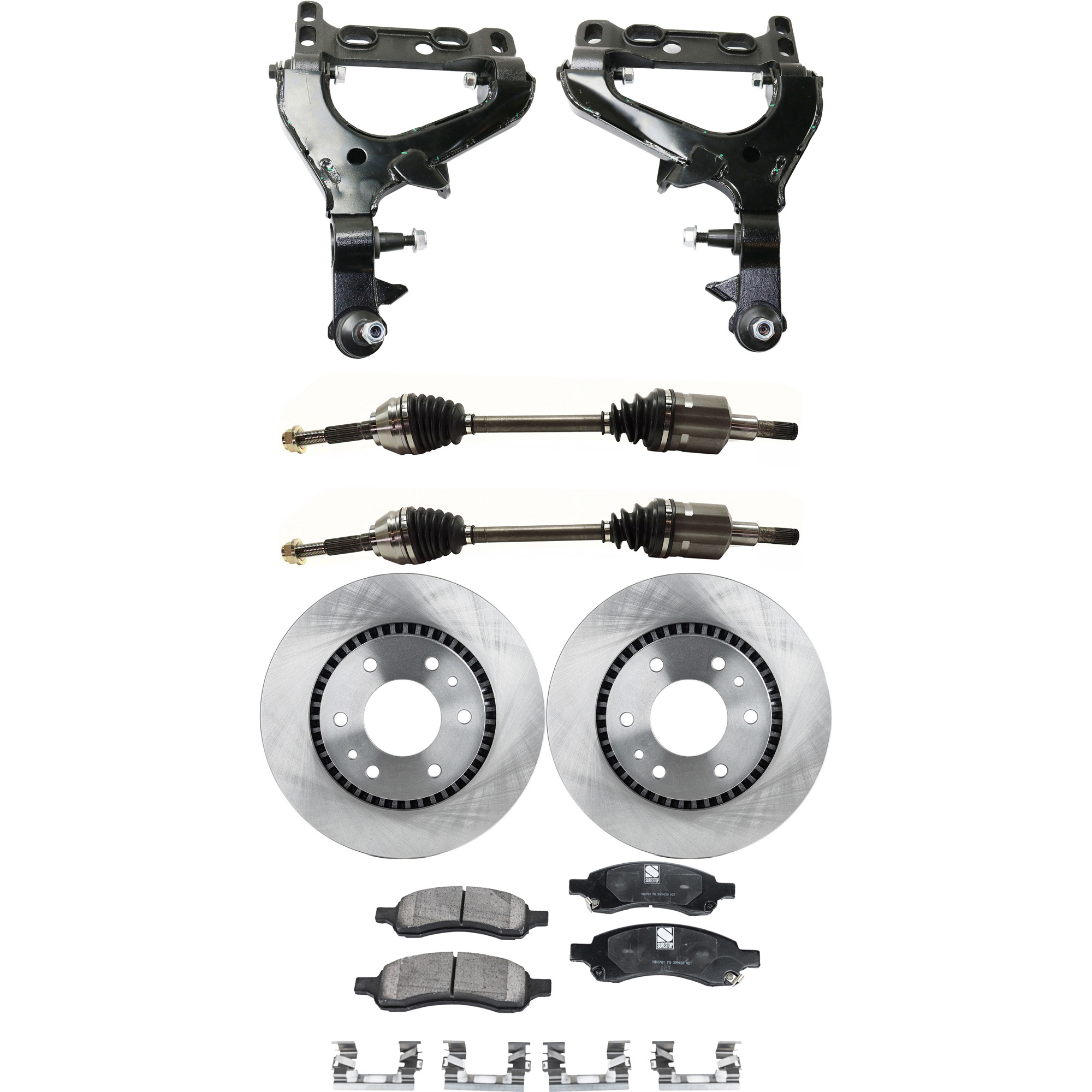 AM ASCENDER 07-08 ENVOY RAINIER 06-07 FRONT CONTROL ARM KIT RH AND LH Lower 7 pc Kit with Axle Assemblies Brake Discs and Brake Pad Set SKU KIT 060222-267 OEM 26079789-8260797890-21998532-1