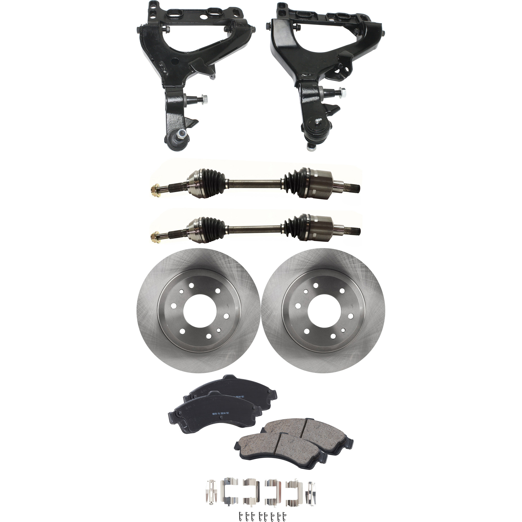 AM BRAVADA ENVOY TRAILBLAZER 02-03 FRONT CONTROL ARM KIT RH AND LH Lower 7 pc Kit with Axle Assemblies Brake Discs and Brake Pad Set SKU KIT 060222-269 OEM 26079789-8260797890-8180606640