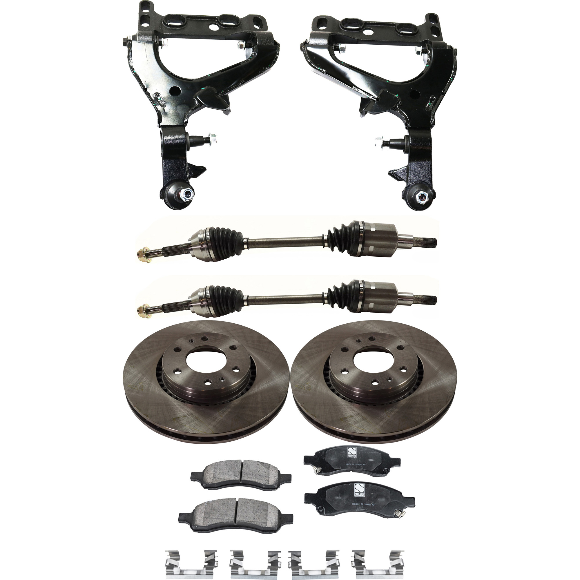 AM 9-7X ENVOY RAINIER 06-07 FRONT CONTROL ARM KIT RH AND LH Lower 7 pc Kit with Axle Assemblies Brake Discs and Brake Pad Set SKU KIT 060222-273 OEM 26079789-8260797890-18060665-2