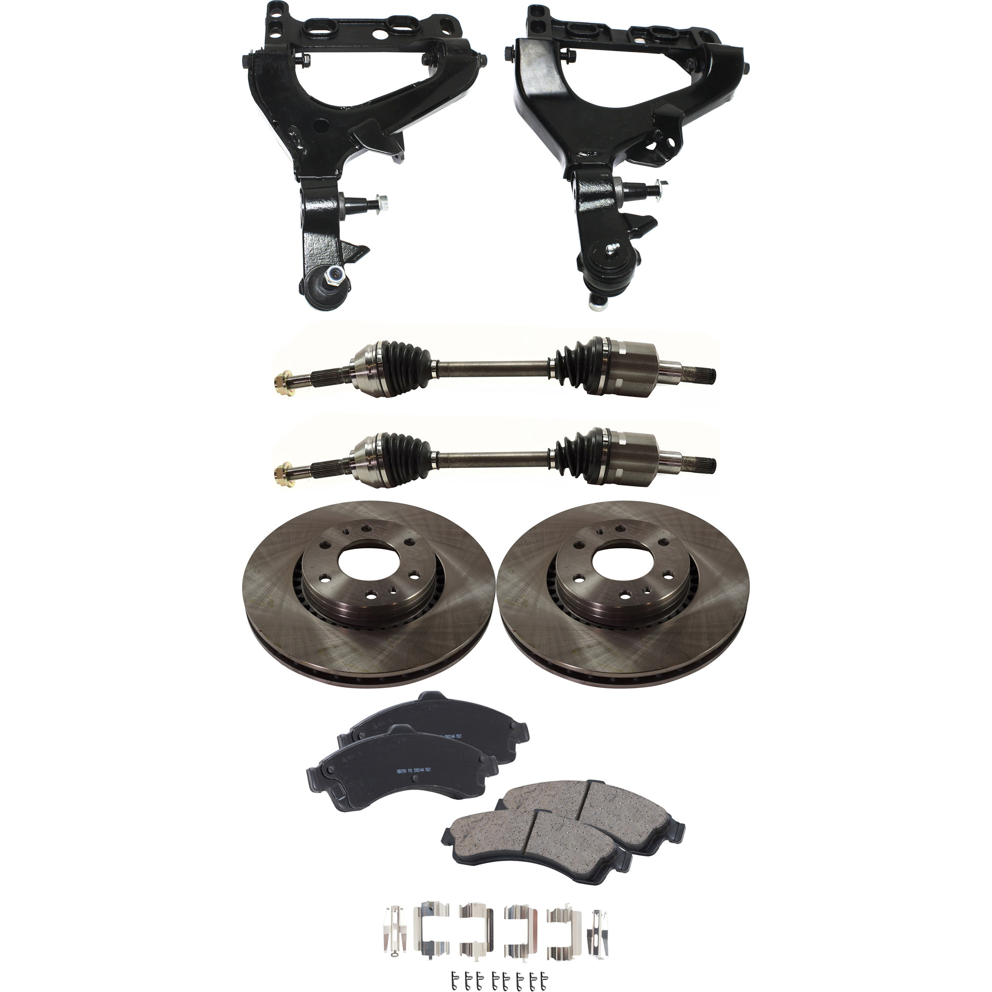 AM ASCENDER 03-03 ENVOY XL TRAILBLAZER EXT 02-03 FRONT CONTROL ARM KIT RH AND LH Lower 7 pc Kit with Axle Assemblies Brake Discs and Brake Pad Set SKU KIT 060222-275 OEM 26079789-8260797890-18060665-2
