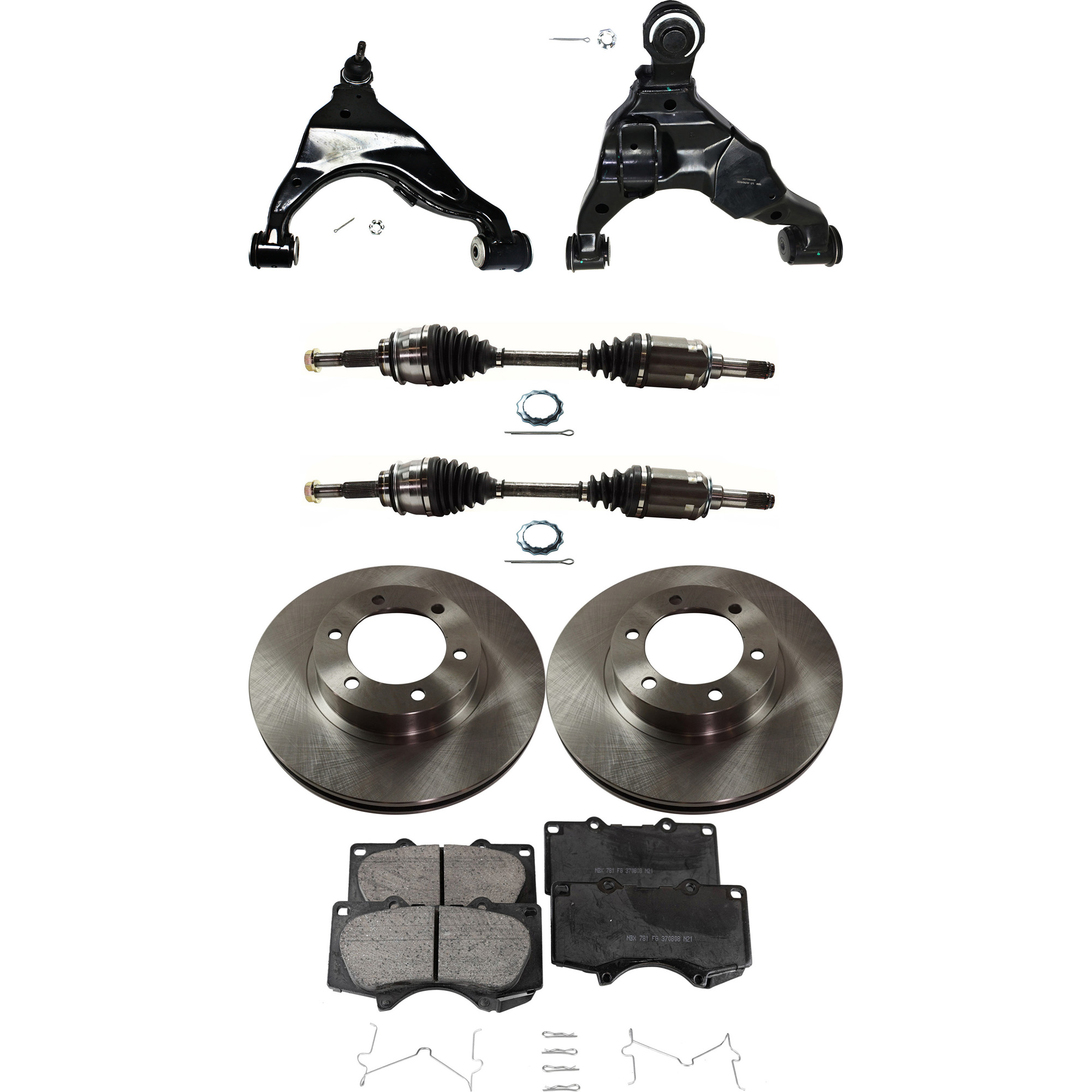 AM 4RUNNER GX470-03-09 FRONT CONTROL ARM RH AND LH Lower 7 pc kit with Axle Assemblies Brake Discs and Brake Pad Set SKU KIT 060222-280 OEM 4351260150-4351260151-04465040