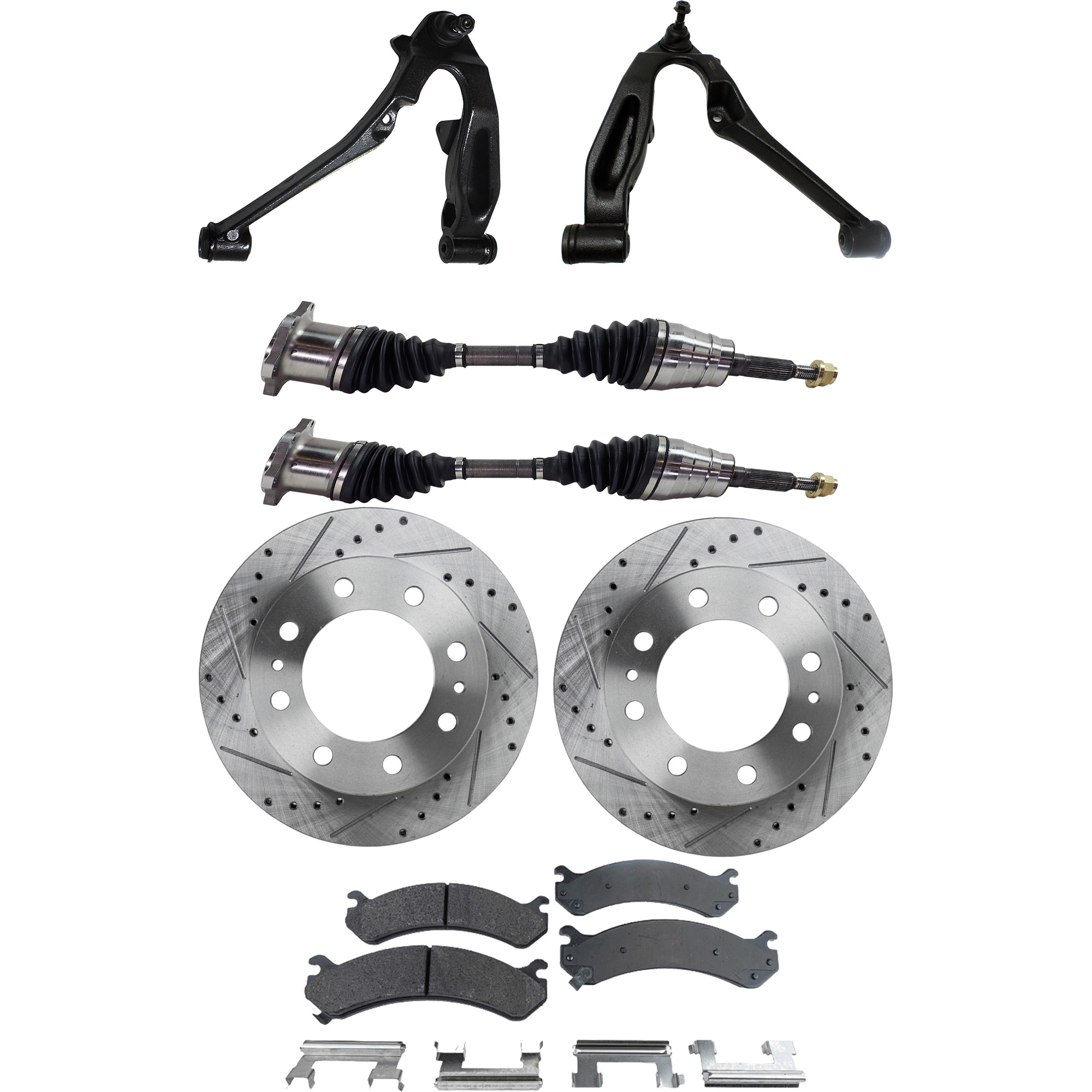 AM SILVERADO SIERRA 99-07 SUBURBAN 2500-00-13 FRONT CONTROL ARM KIT RH AND LH Lower 7 pc Kit with Axle Assemblies Brake Discs and Brake Pad Set SKU KIT 060222-300 OEM 55056-56829-56999-86829-10