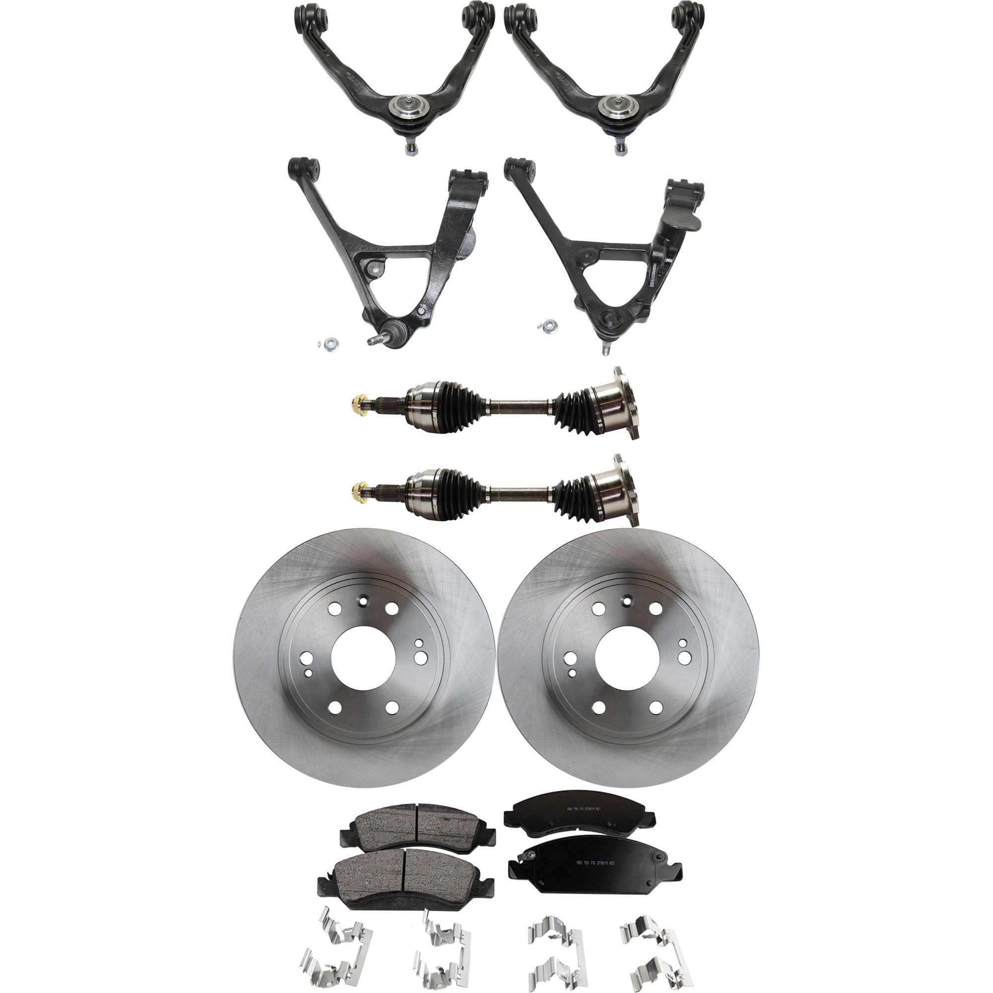 AM SILVERADO SIERRA 1500-05-07 FRONT CONTROL ARM KIT RH AND LH 9 pc Kit Upper and Lower w Ball Joint Axle Assembly Brake Disc and Brake Pad Set SKU KIT 060222-324 OEM 88963556-19257667-22742382-231