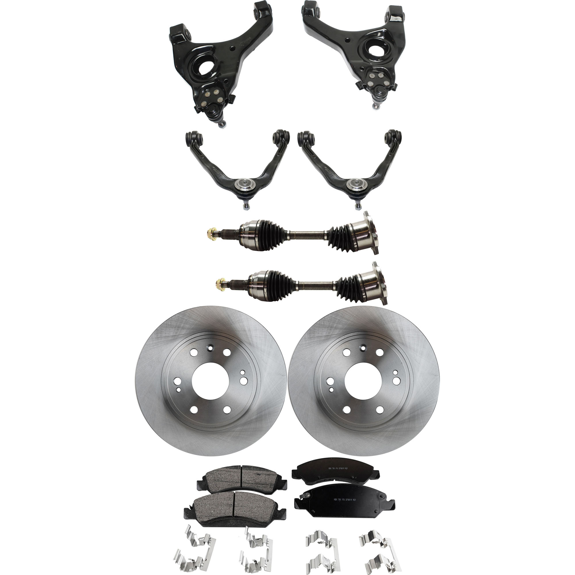 AM SIERRA SILVERADO 1500-05-07 FRONT CONTROL ARM KIT RH AND LH Upper and Lower 9 pc kit with Axle Assembly Brake Discs and Brake Pad Set SKU KIT 060222-326 OEM 88963556-19257667-22742382-231