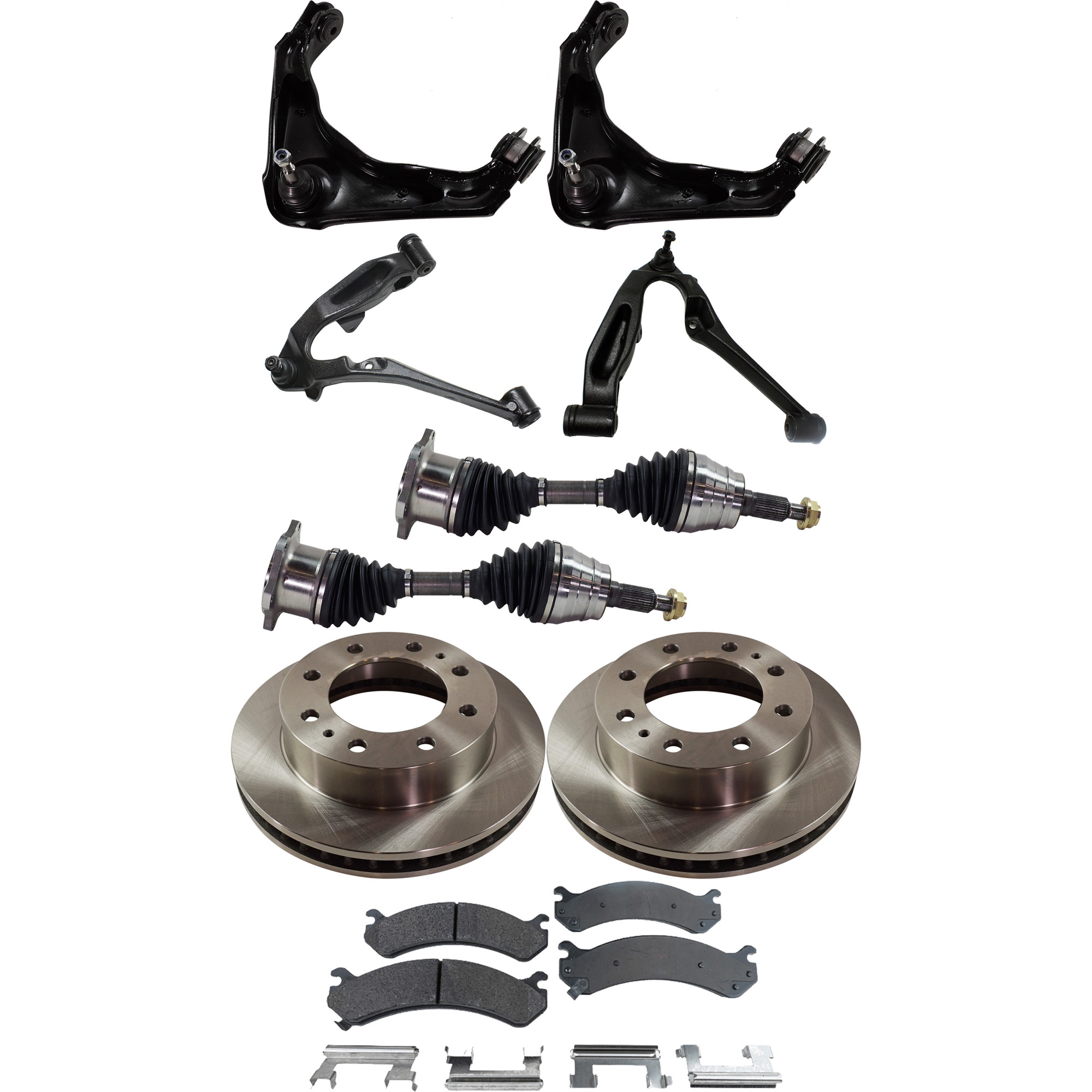 AM SILVERADO SIERRA 2500-99-04 SILVERADO SIERRA 1500 HD 01-07 FRONT CONTROL ARM KIT RH AND LH Upper and Lower 10 pc kit with Axle Assembly Brake Discs and Brake Pad Set SKU KIT 060222-339 OEM 18060654-18026219-18042334-180
