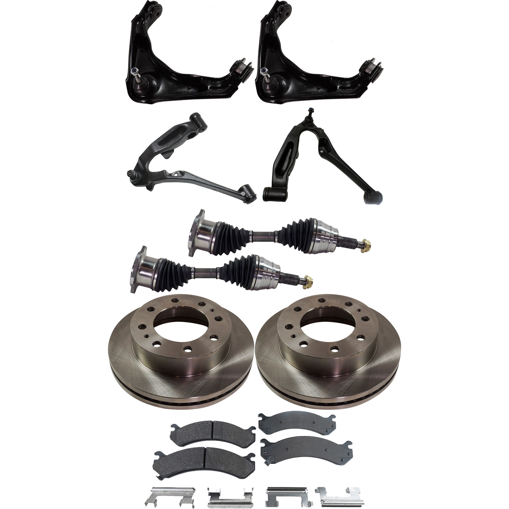 AM SILVERADO SIERRA 2500-3500 HD 01-10 FRONT CONTROL ARM RH AND LH Upper and Lower with Ball Joint 9 pc Kit with Axle Assemblies Brake Discs Brake Pad Set and Control Arms SKU KIT 060222-340 OEM 15733625-18026219-18042334-180