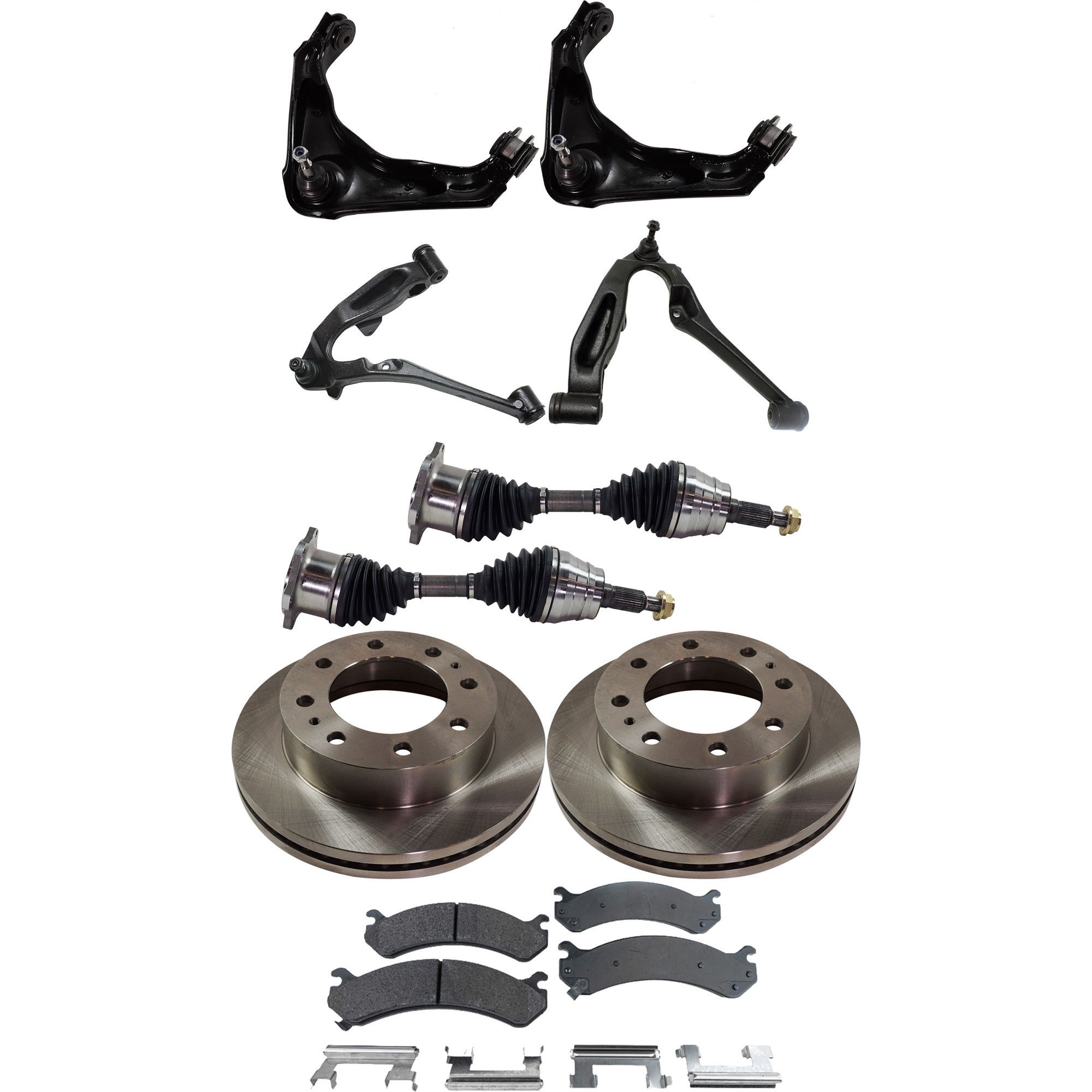AM SILVERADO SIERRA 2500-3500 HD 01-10 FRONT CONTROL ARM RH AND LH Upper and Lower with Ball Joint 9 pc Kit with Axle Assemblies Brake Discs Brake Pad Set and Control Arms SKU KIT 060222-341 OEM 15733625-18026219-18042334-180