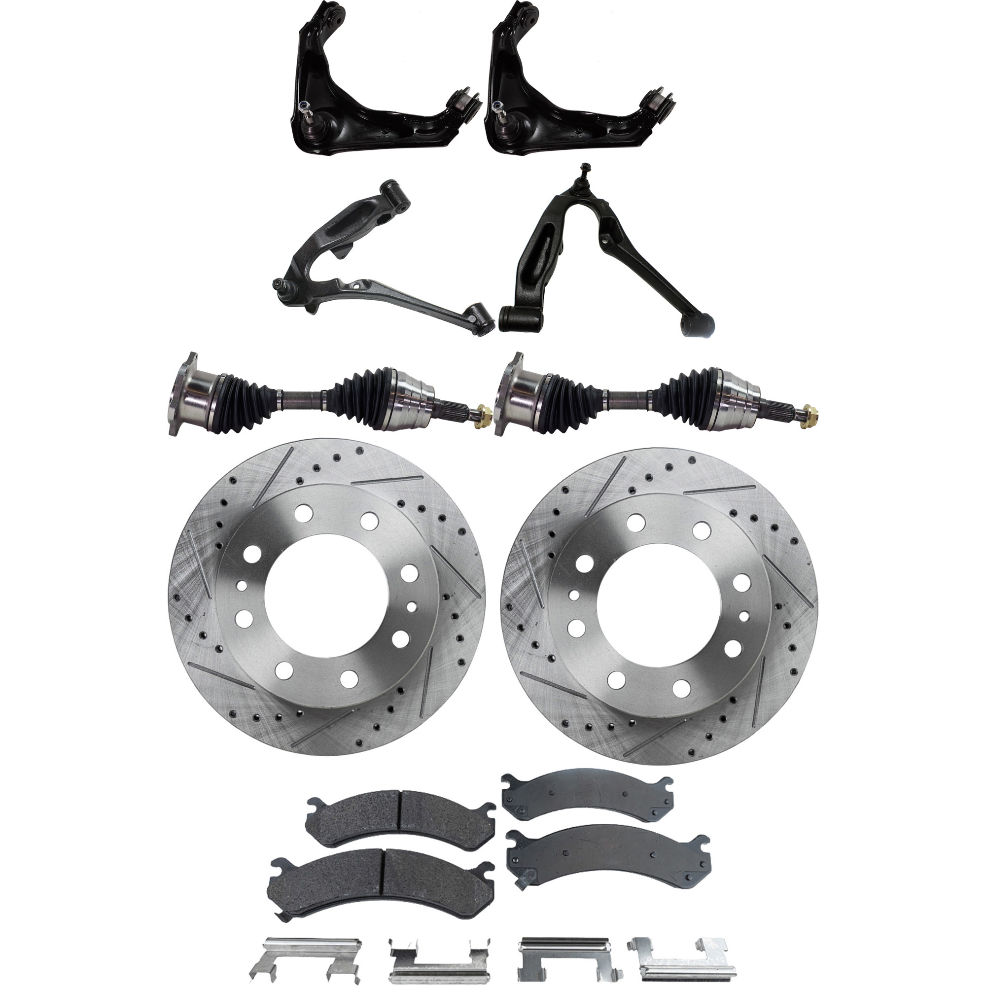AM SILVERADO SIERRA 99-07 SUBURBAN 2500-00-13 FRONT CONTROL ARM KIT RH AND LH Upper and Lower 9 pc Kit with Axle Assemblies Brake Discs and Brake Pad Set SKU KIT 060222-375 OEM 55056-56829-56999-86829-10