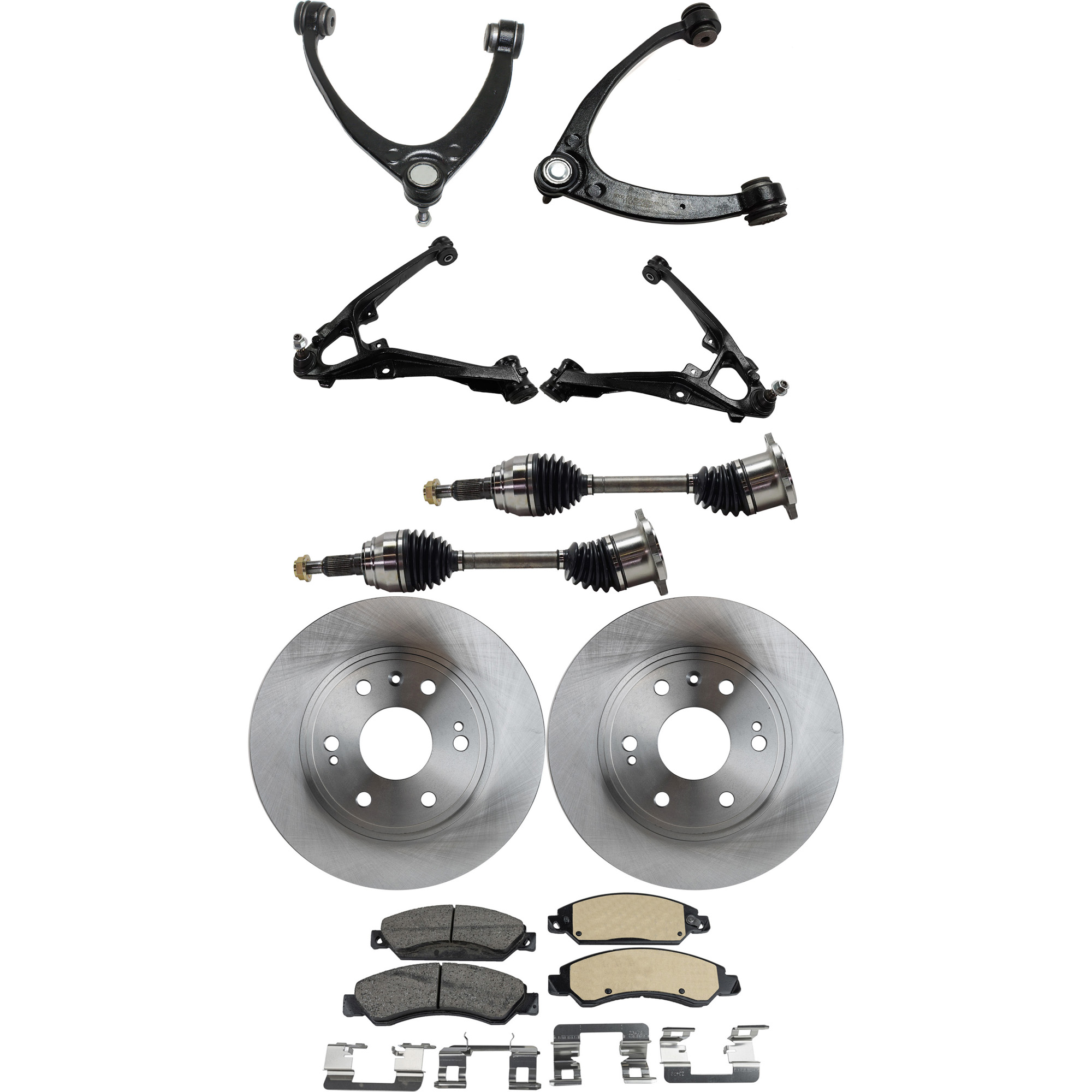 AM AVALANCHE SIERRA 1500-07-07 FRONT CONTROL ARM KIT RH AND LH Upper and Lower 9 pc Kit with Ball Joint Axle Assembly Brake Disc and Brake Pad Set SKU KIT 060222-385 OEM 88963556-15863489-25852957-890