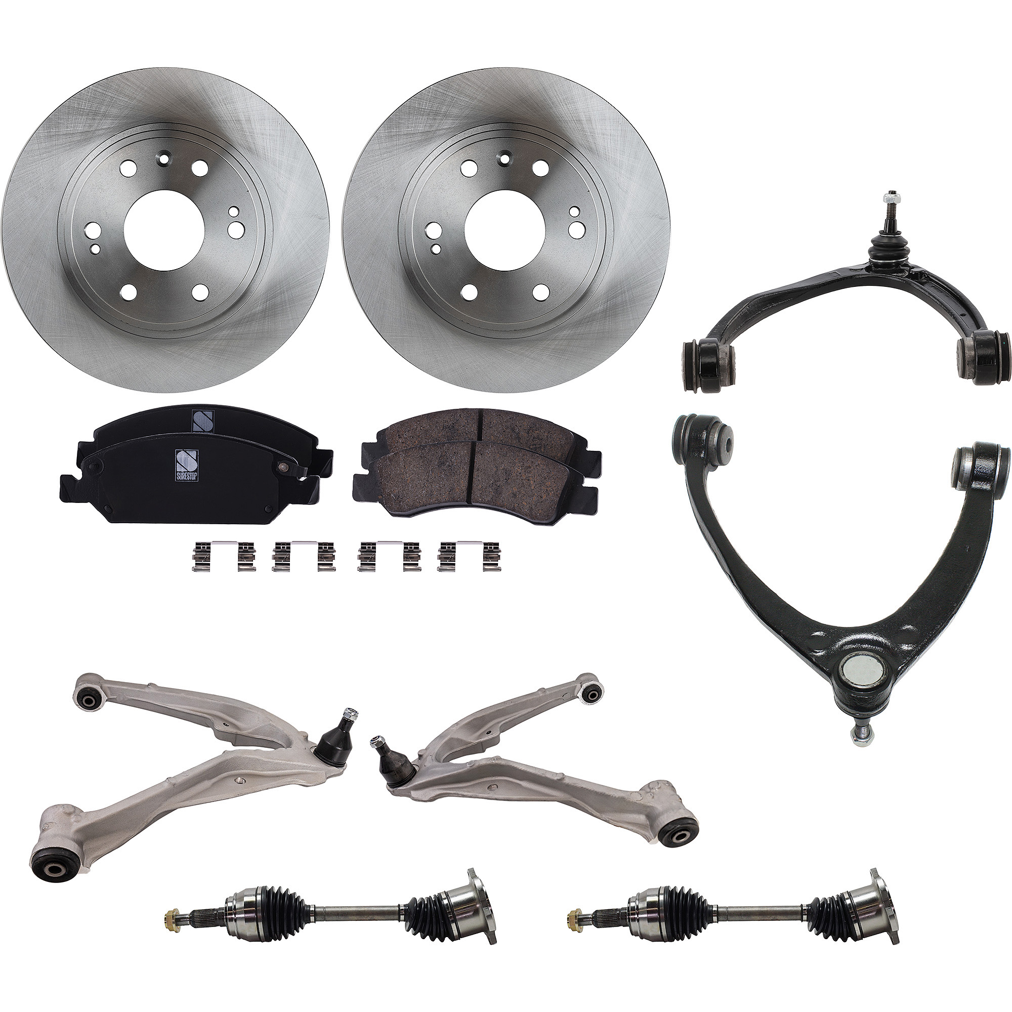 AM SIERRA SILVERADO 1500-07-13 TAHOE YUKON 08-14 FRONT CONTROL ARM KIT RH AND LH Upper and Lower 9 pc Kit with Axle Assemblies Brake Discs and Brake Pad Set SKU KIT 060222-391 OEM 88963556-19257667-22742382-231