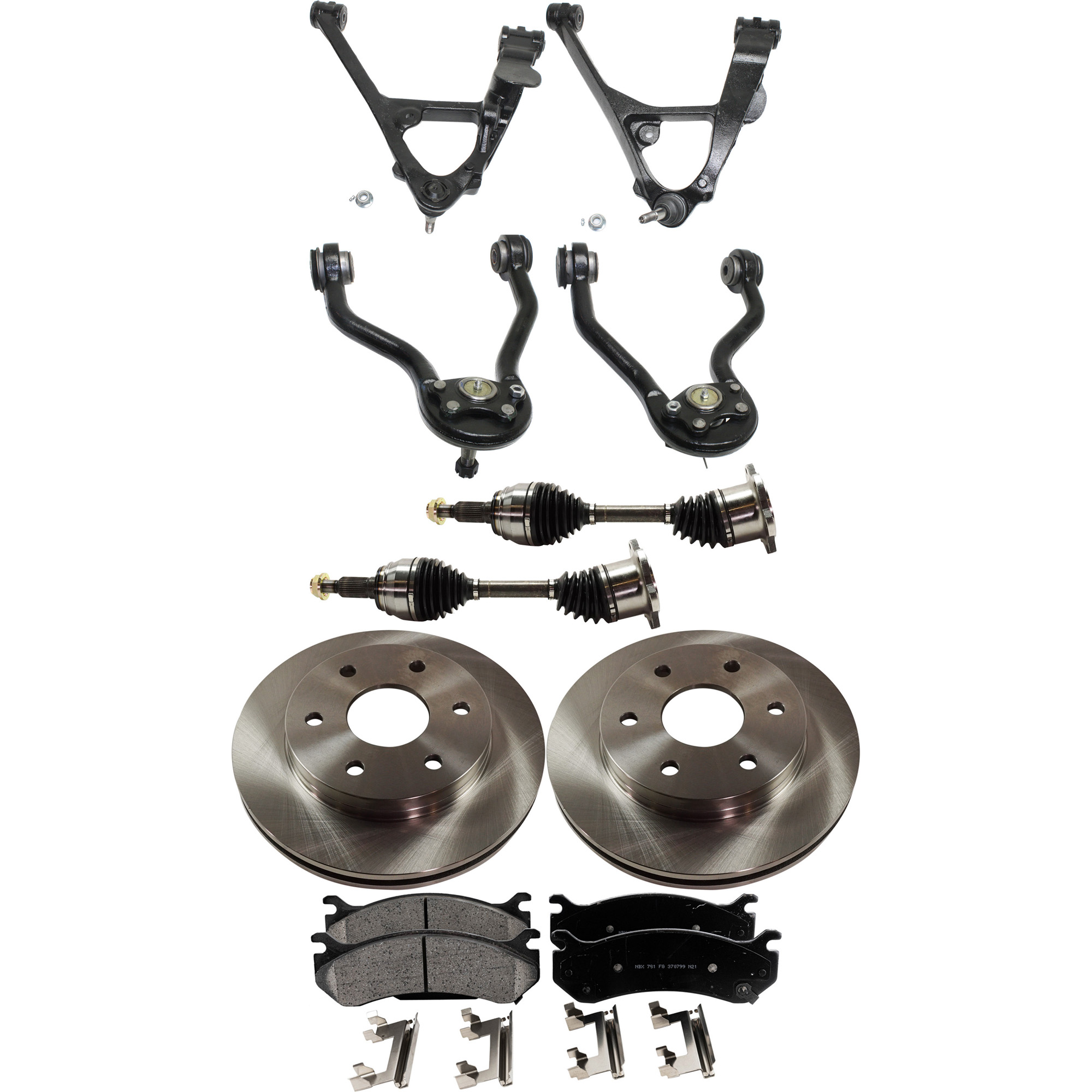 AM TAHOE YUKON 00-00 FRONT CONTROL ARM KIT RH AND LH 10 pc kit Upper and Lower w Ball Joint Axle Assembly Brake Disc and Brake Pad Set SKU KIT 060222-395 OEM 18060214-15716362-19241877-192