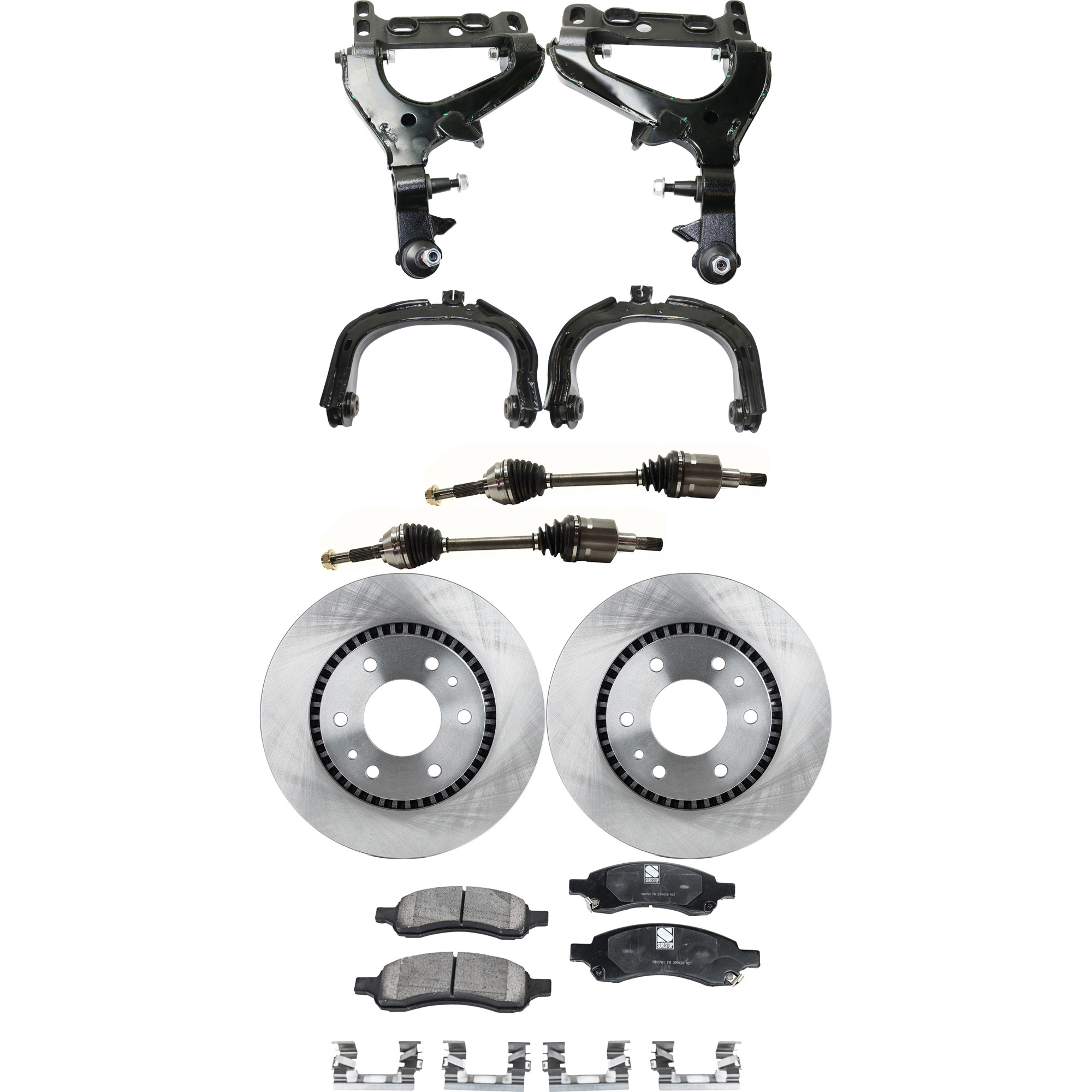 AM RAINIER 06-07 FRONT CONTROL ARM KIT RH AND LH Upper and Lower 9 pc Kit with Axle Assemblies Brake Discs and Brake Pad Set SKU KIT 060222-396 OEM 26079789-8260797890-21998532-1