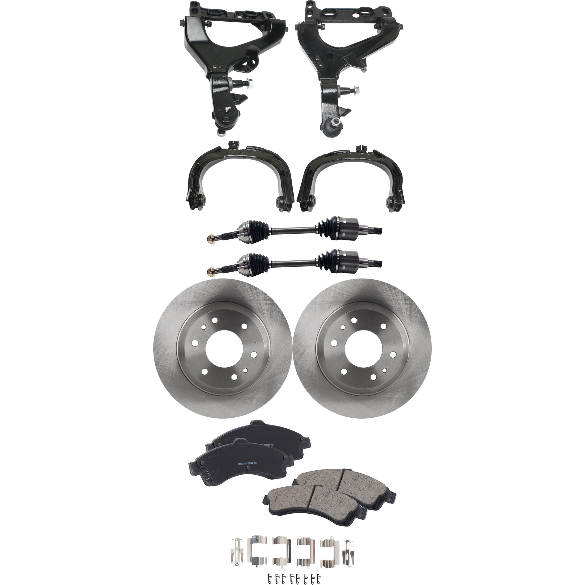 AM BRAVADA ENVOY TRAILBLAZER 02-03 FRONT CONTROL ARM KIT RH AND LH Upper and Lower 9 pc Kit w Axle Assemblies Brake Discs and Brake Pad Set SKU KIT 060222-398 OEM 26079789-8260797890-8180606640