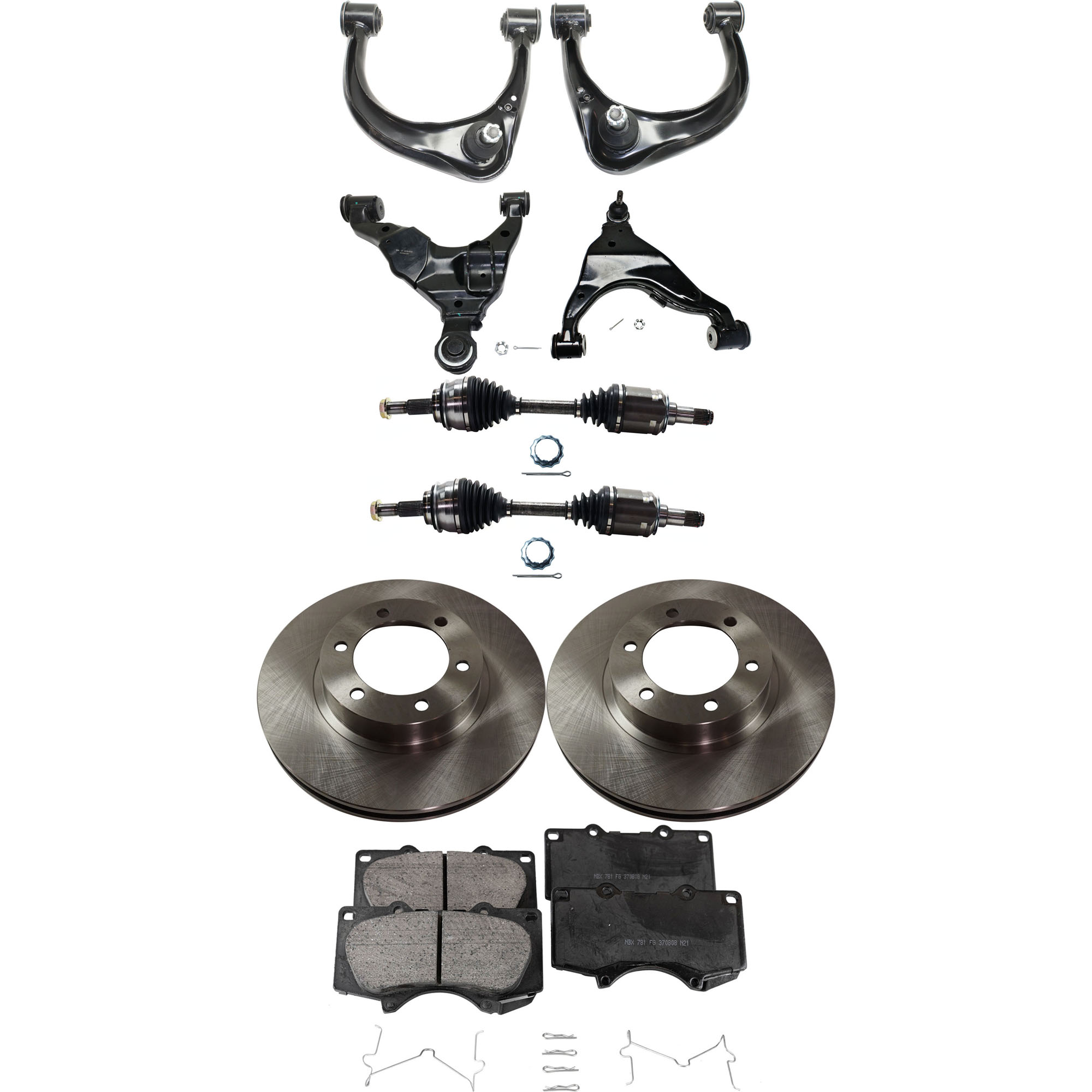 AM 4RUNNER GX470-03-09 FRONT CONTROL ARM RH AND LH Upper and Lower 9 pc kit with Axle Assemblies Brake Disc and Brake Pad Set SKU KIT 060222-408 OEM 4351260150-4351260151-04465040